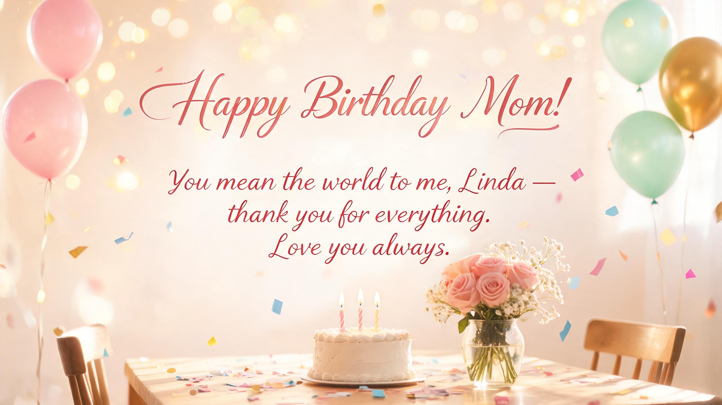 "Happy Birthday Mom!
You mean the world to me, Linda — thank you for everything. Love you always." — Birthday | AI Text Effect Generator