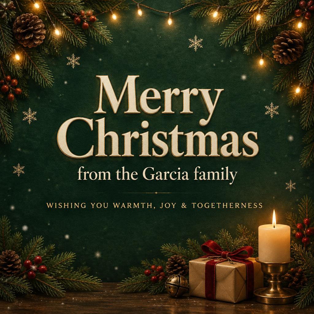 "Merry Christmas
from the Garcia family
Wishing you warmth, joy & togetherness" — Evergreen Candlelight | AI Text Effect Generator