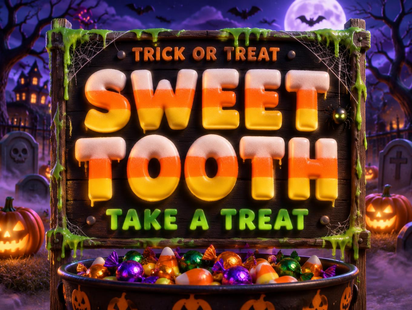 "SWEET TOOTH
TRICK OR TREAT
TAKE A TREAT" — Halloween | AI Text Effect Generator