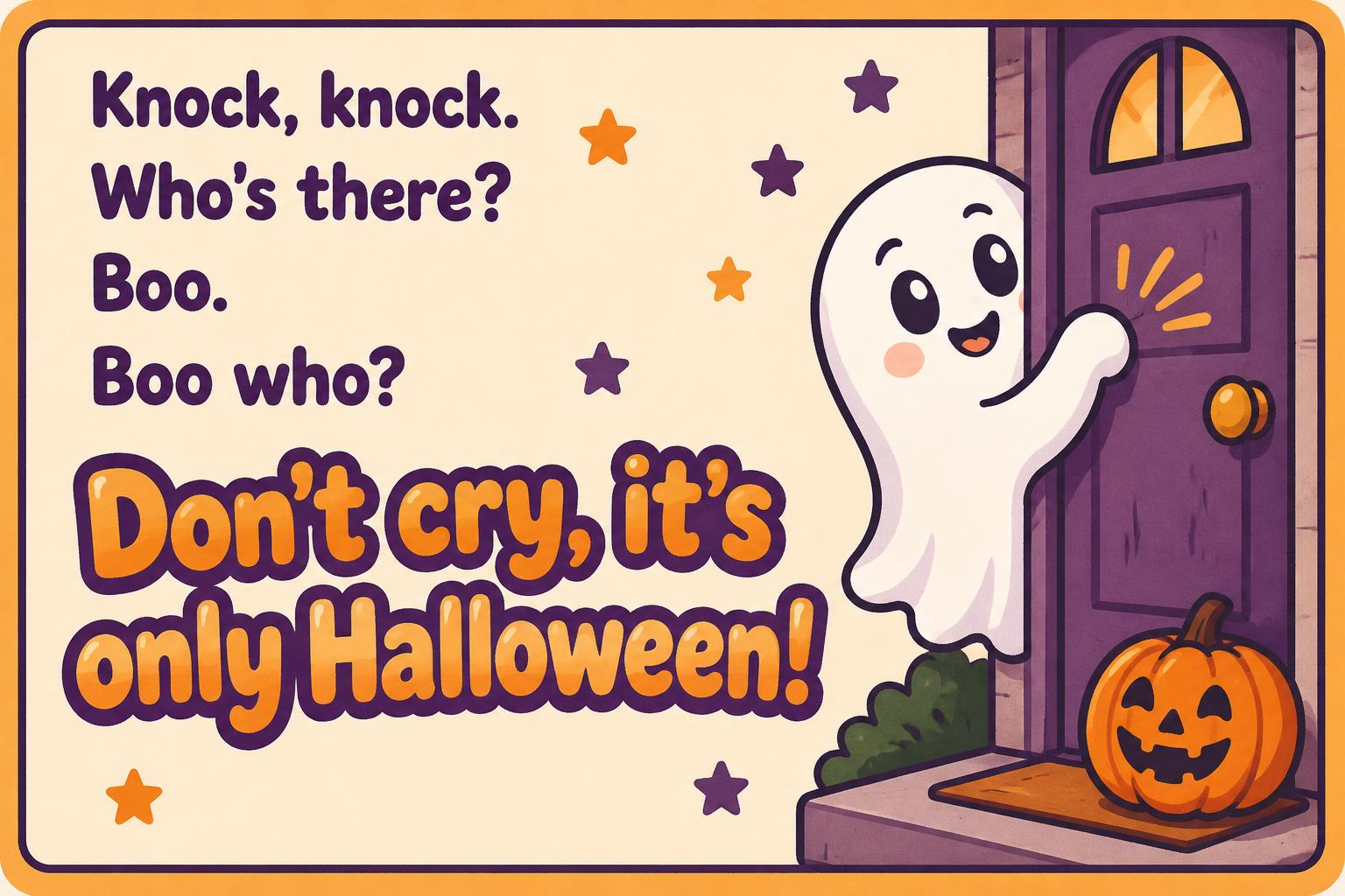 "Knock, knock.
Who's there?
Boo.
Boo who?
Don't cry, it's only Halloween!" — Halloween Papier Joyeux | AI Text Effect Generator
