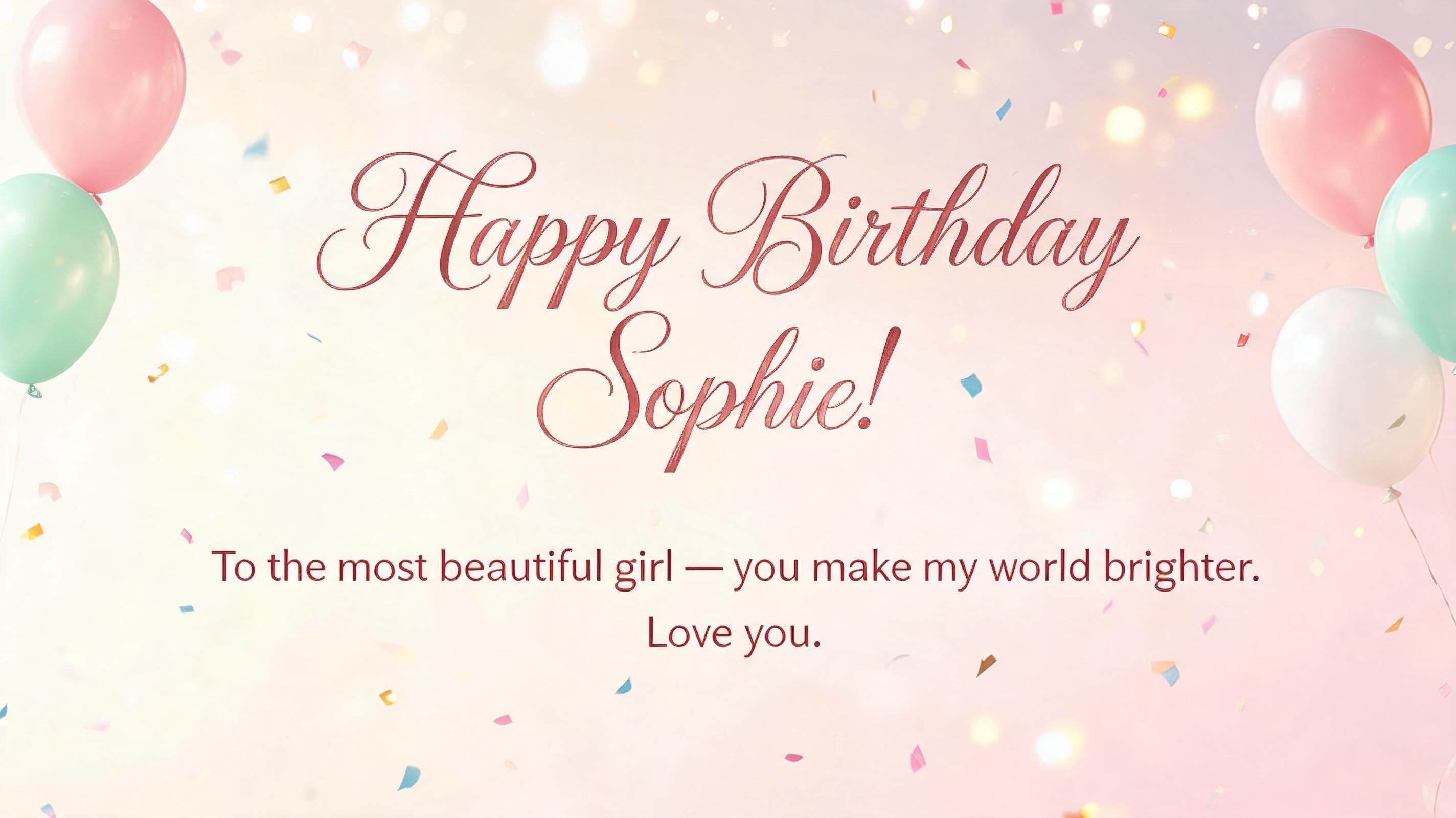 "Happy Birthday Sophie!
To the most beautiful girl — you make my world brighter. Love you." — Birthday | AI Text Effect Generator