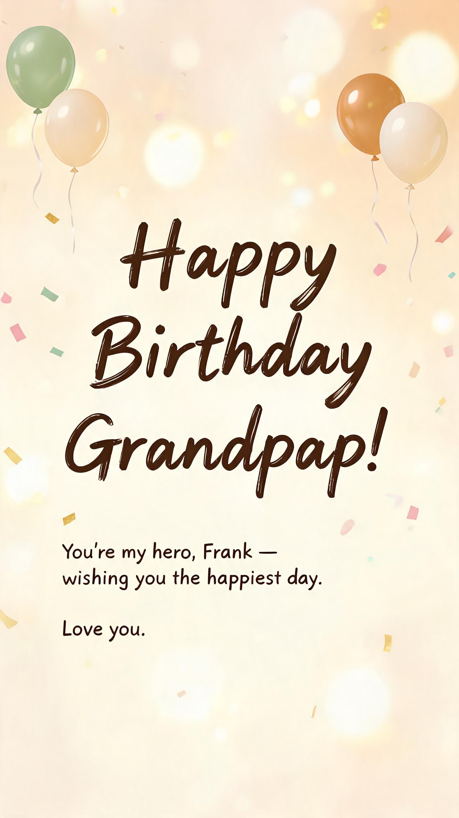 "Happy Birthday Grandpa!
You're my hero, Frank — wishing you the happiest day. Love you." — Birthday | AI Text Effect Generator