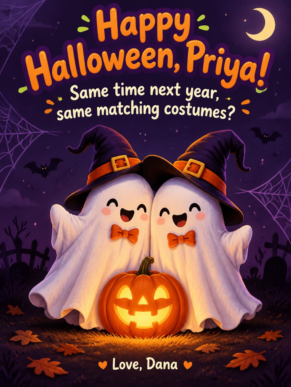"Happy Halloween, Priya!
Same time next year, same matching costumes?
Love, Dana" — Halloween | AI Text Effect Generator