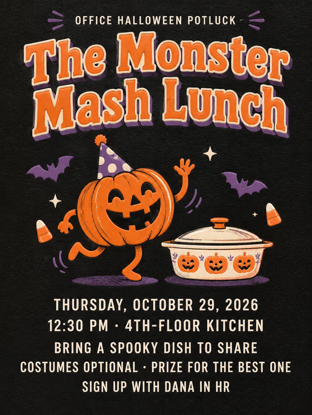 "The Monster Mash Lunch
OFFICE HALLOWEEN POTLUCK
THURSDAY, OCTOBER 29, 2026
12:30 PM · 4TH-FLOOR KITCHEN
BRING A SPOOKY DISH TO SHARE
COSTUMES OPTIONAL · PRIZE FOR THE BEST ONE
SIGN UP WITH DANA IN HR" —  | AI Text Effect Generator