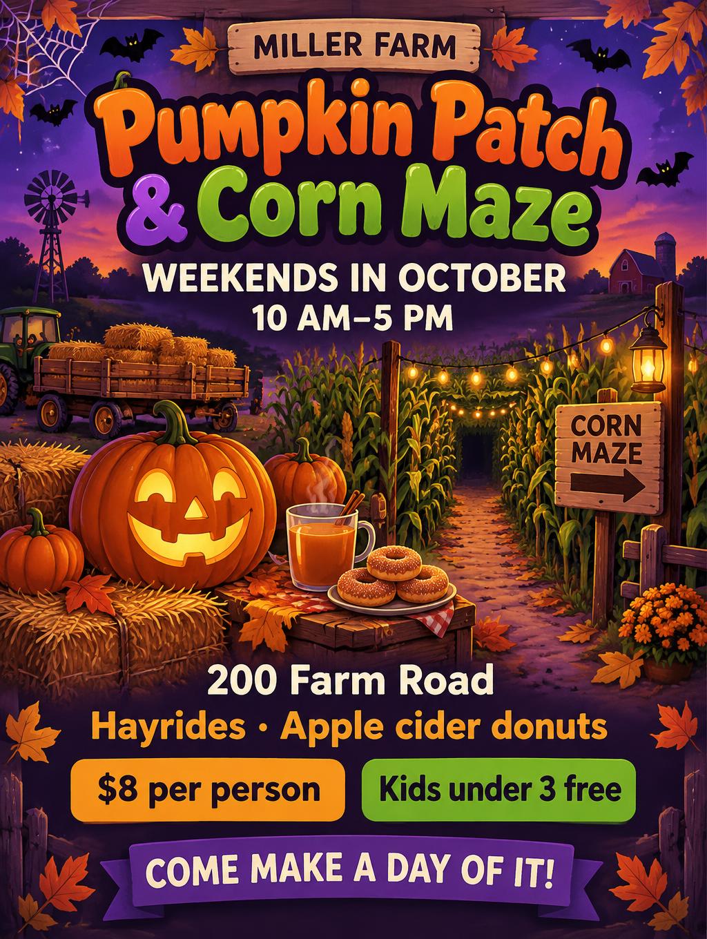 "Pumpkin Patch & Corn Maze
MILLER FARM
WEEKENDS IN OCTOBER
10 AM–5 PM
200 Farm Road
Hayrides · Apple cider donuts
$8 per person
Kids under 3 free
COME MAKE A DAY OF IT!" — Harvest Storybook | AI Text Effect Generator