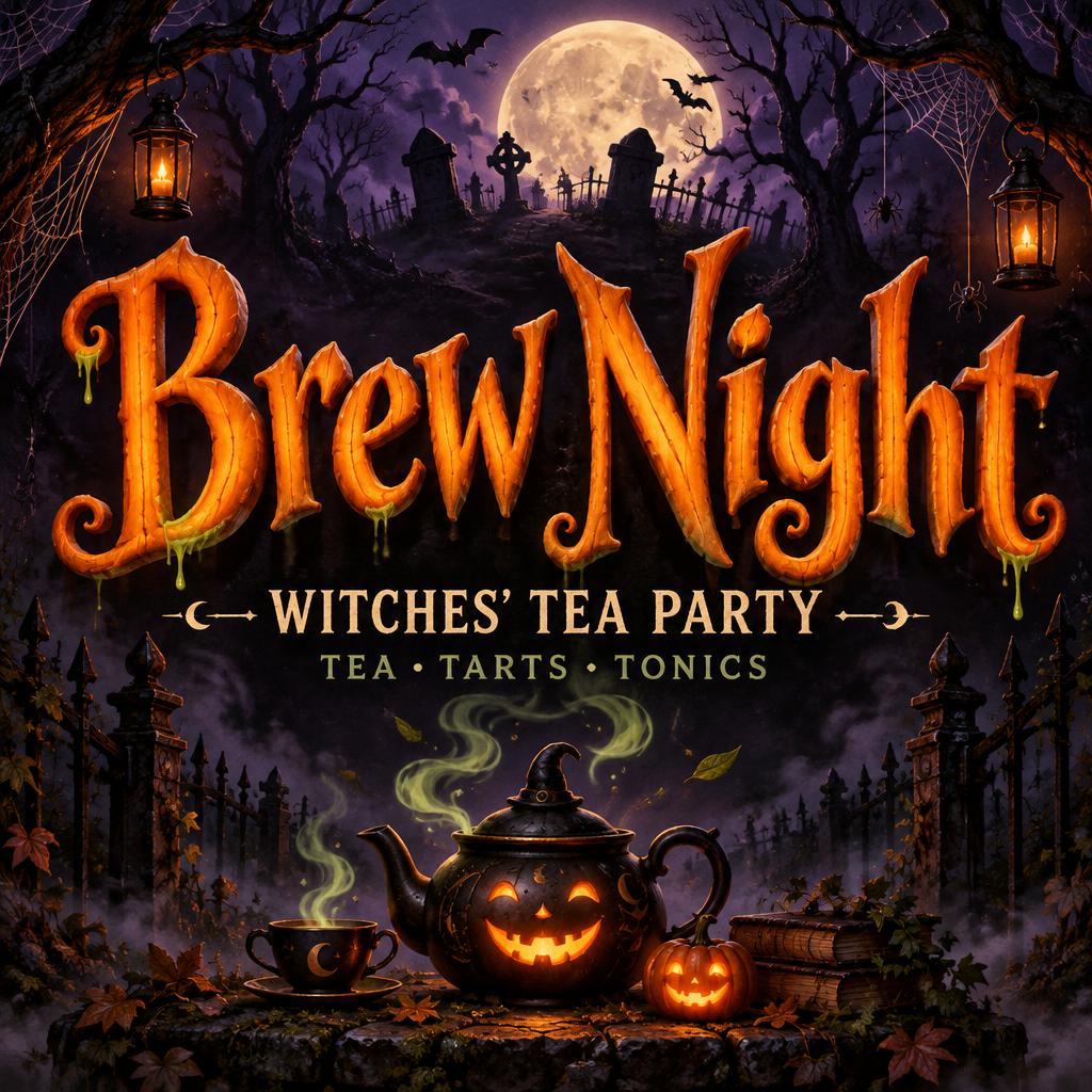 "Brew Night
WITCHES’ TEA PARTY
TEA • TARTS • TONICS" — Halloween | AI Text Effect Generator