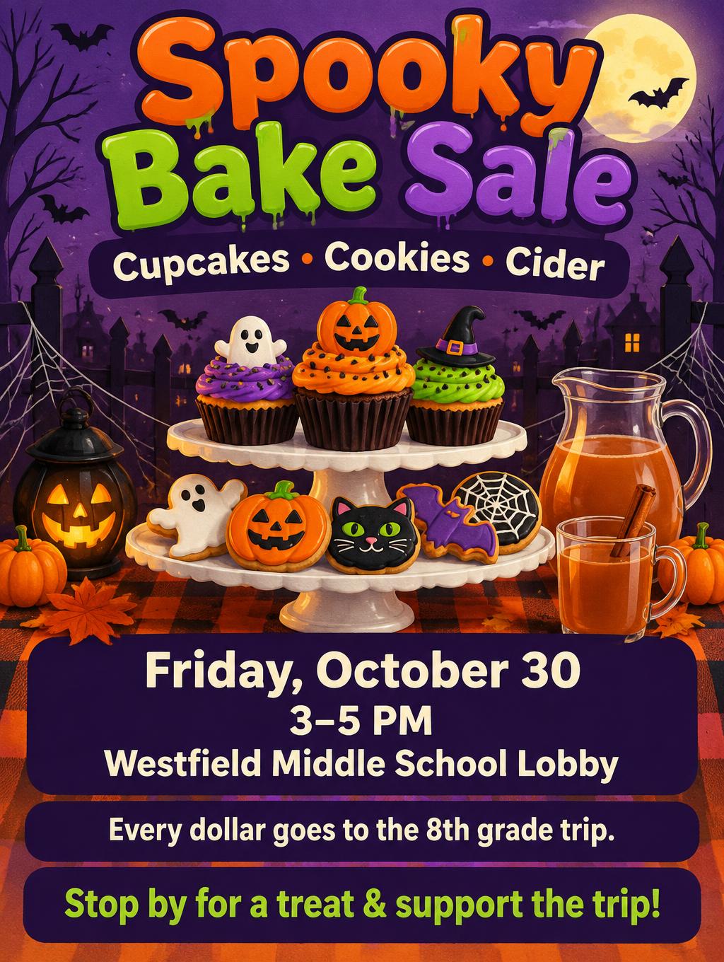 "Spooky Bake Sale
Cupcakes • Cookies • Cider
Friday, October 30
3–5 PM
Westfield Middle School Lobby
Every dollar goes to the 8th grade trip.
Stop by for a treat & support the trip!" — Halloween | AI Text Effect Generator