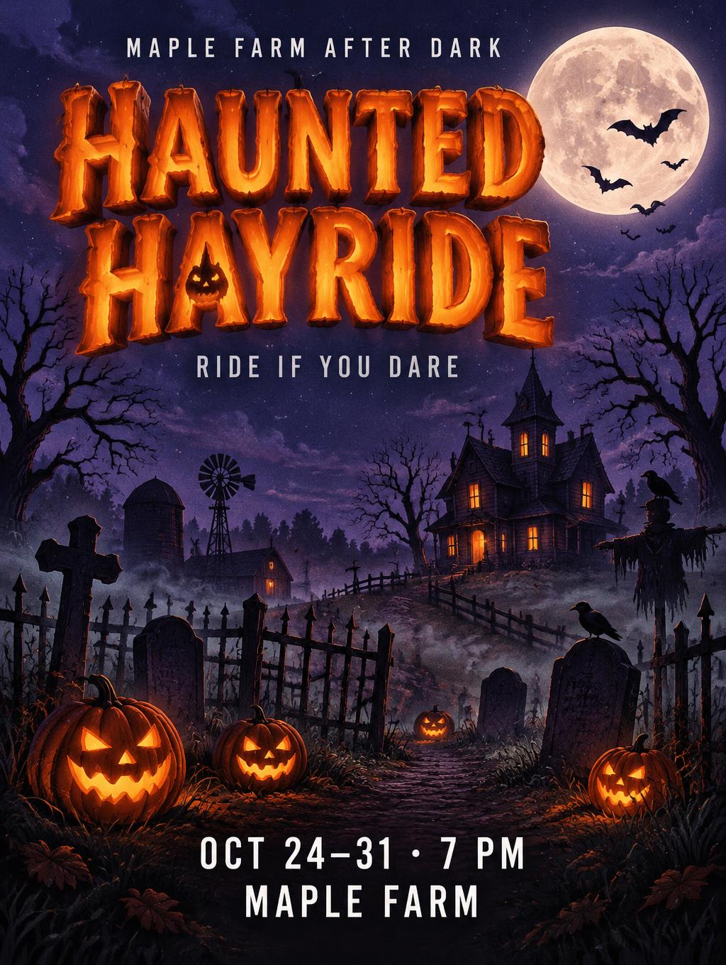 HAUNTED HAYRIDE
MAPLE FARM AFTER DARK
RIDE IF YOU DARE
OCT 24–31 · 7 PM
MAPLE FARM — Spooky Halloween