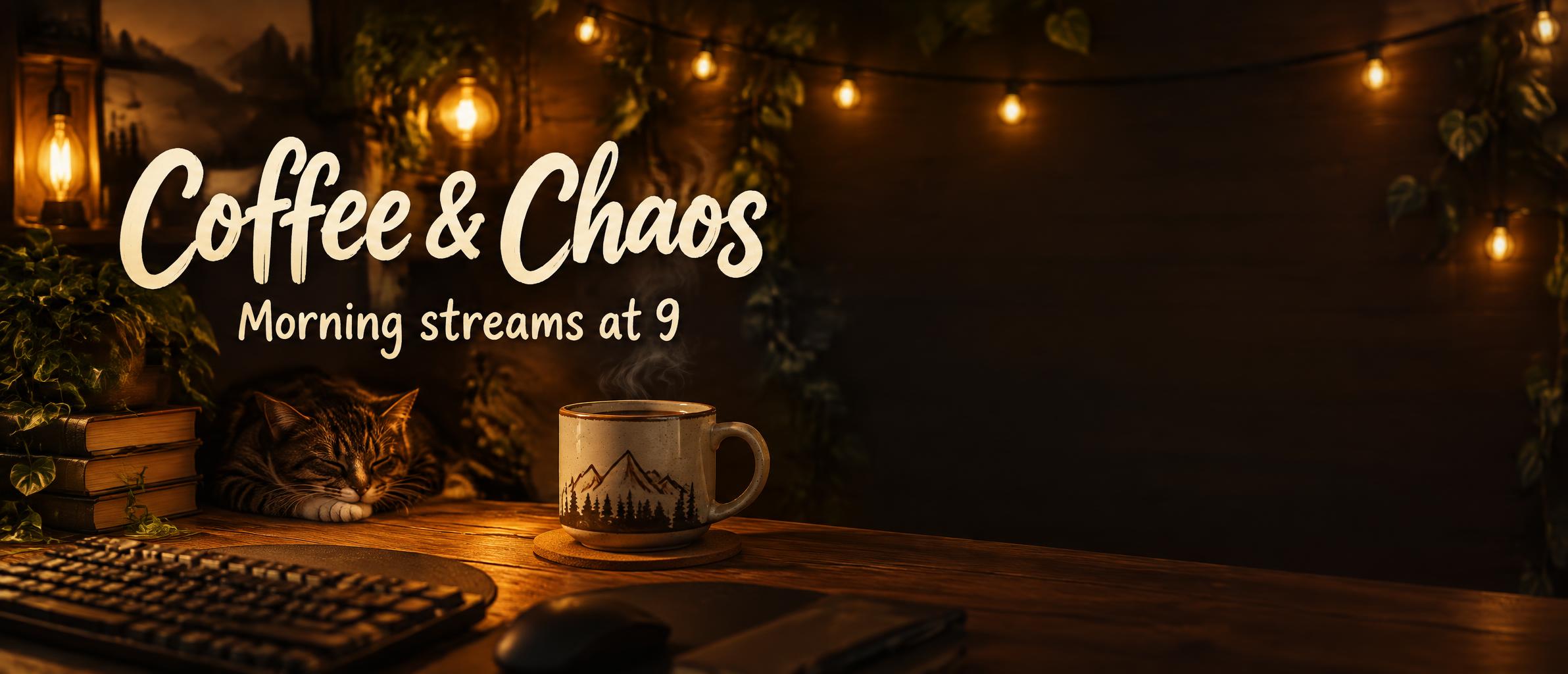 "Coffee & Chaos
Morning streams at 9" — Bureau à La LumièRe Chaude | AI Text Effect Generator