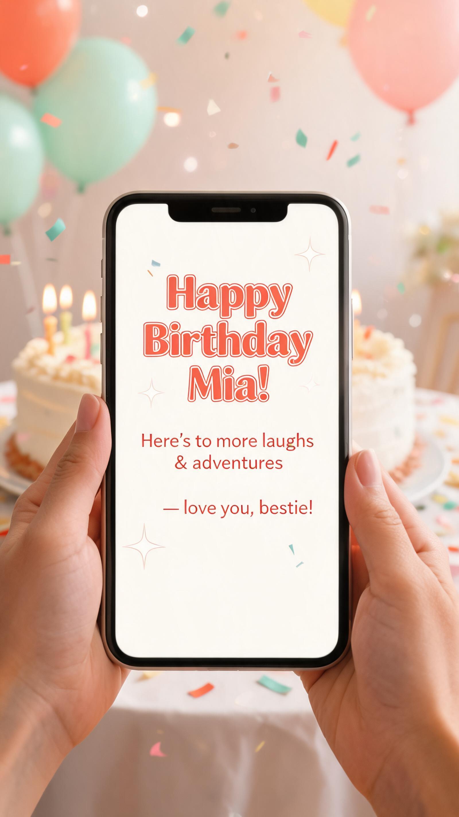 "Happy Birthday Mia!
Here's to more laughs & adventures — love you, bestie!" — Birthday | AI Text Effect Generator