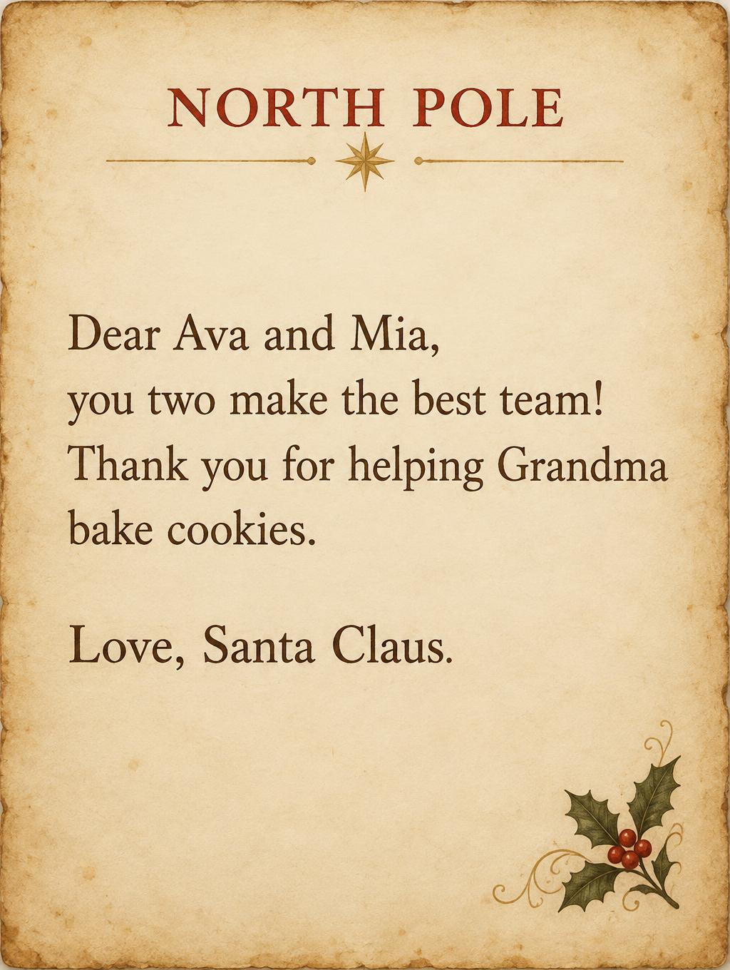 "NORTH POLE
Dear Ava and Mia, you two make the best team! Thank you for helping Grandma bake cookies. Love, Santa Claus." — Antique North Pole | AI Text Effect Generator