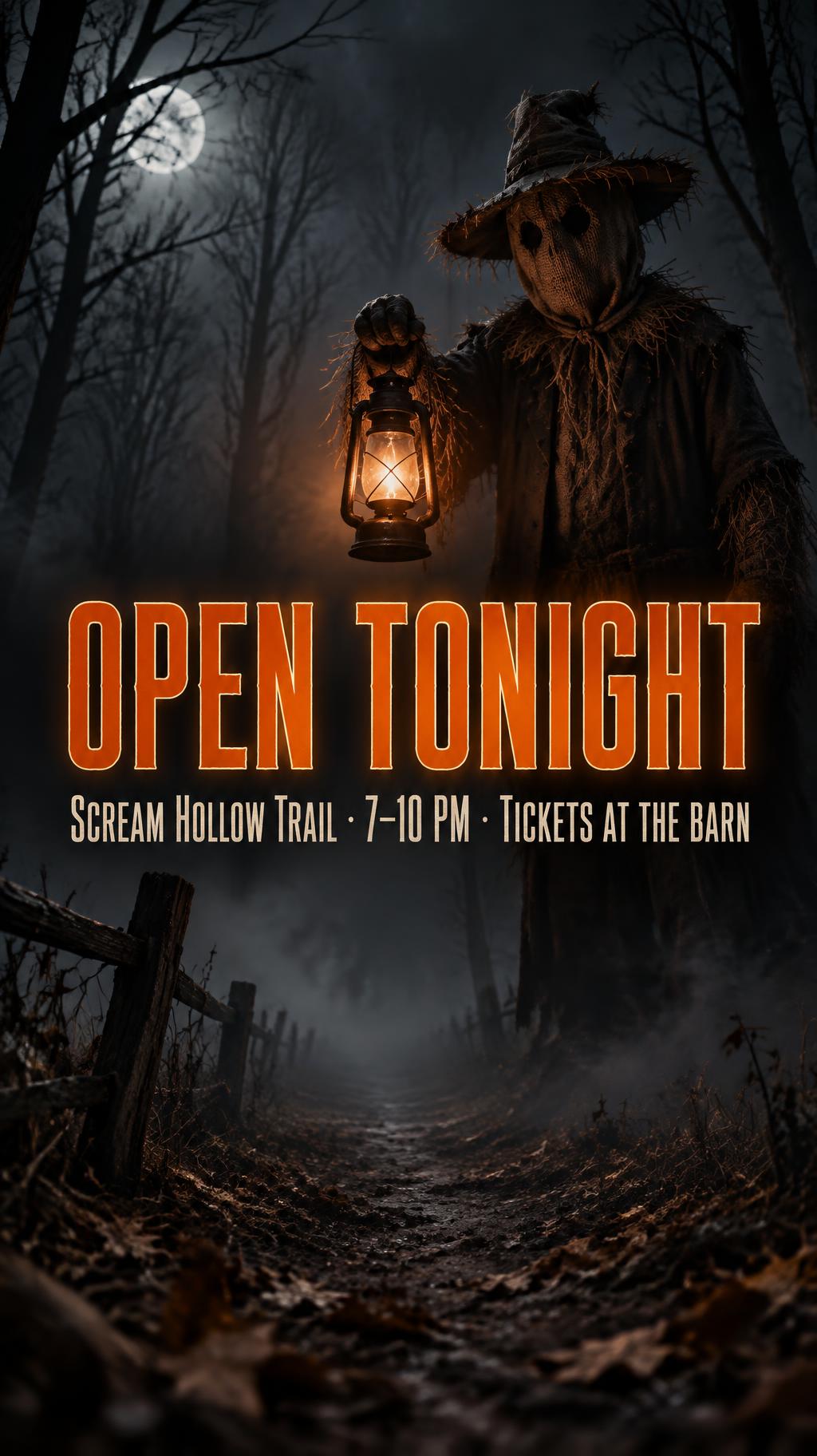 "OPEN TONIGHT
Scream Hollow Trail · 7–10 PM · Tickets at the barn" — ForêT Brumeuse | AI Text Effect Generator