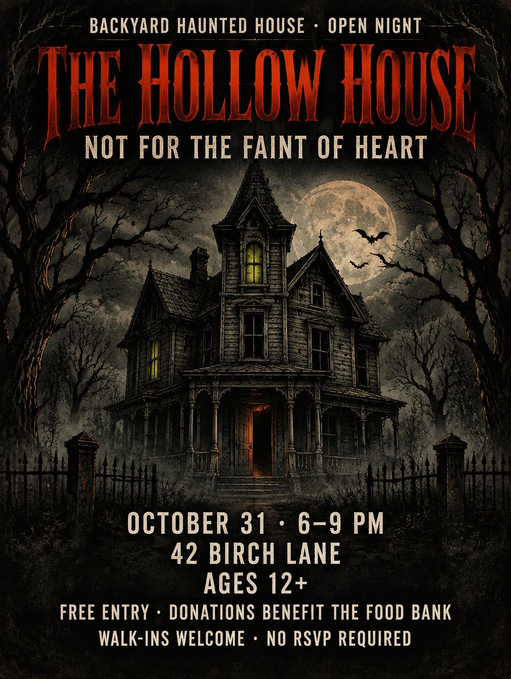 "BACKYARD HAUNTED HOUSE · OPEN NIGHT
THE HOLLOW HOUSE
NOT FOR THE FAINT OF HEART
OCTOBER 31 · 6–9 PM
42 BIRCH LANE
AGES 12+
FREE ENTRY · DONATIONS BENEFIT THE FOOD BANK
WALK-INS WELCOME · NO RSVP REQUIRED" —  | AI Text Effect Generator