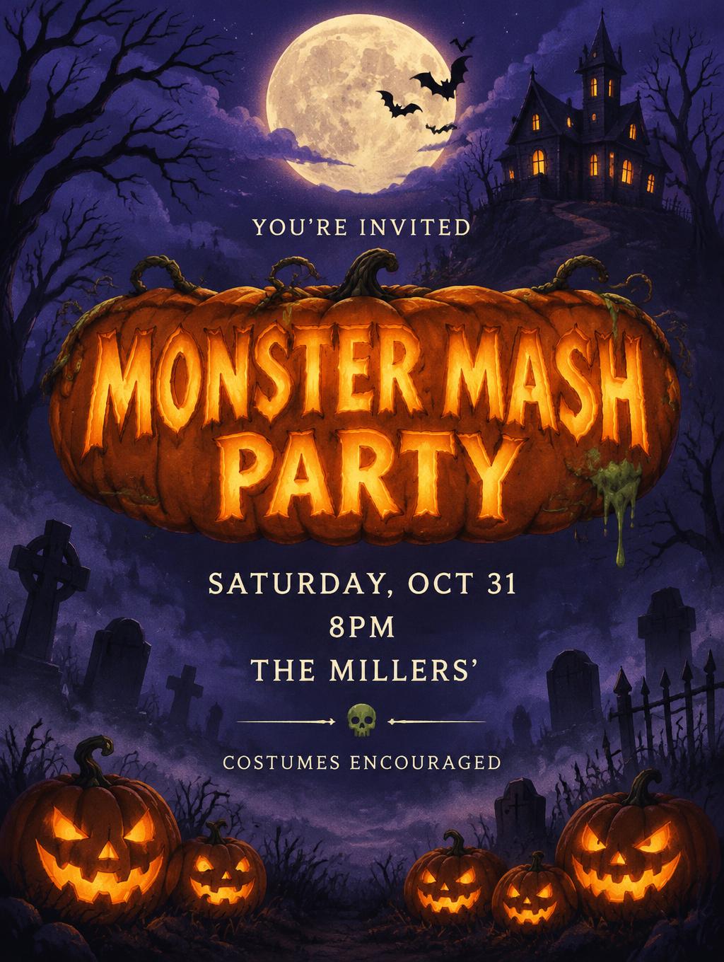 YOU'RE INVITED
MONSTER MASH PARTY
SATURDAY, OCT 31
8PM
THE MILLERS'
COSTUMES ENCOURAGED — Spooky Halloween