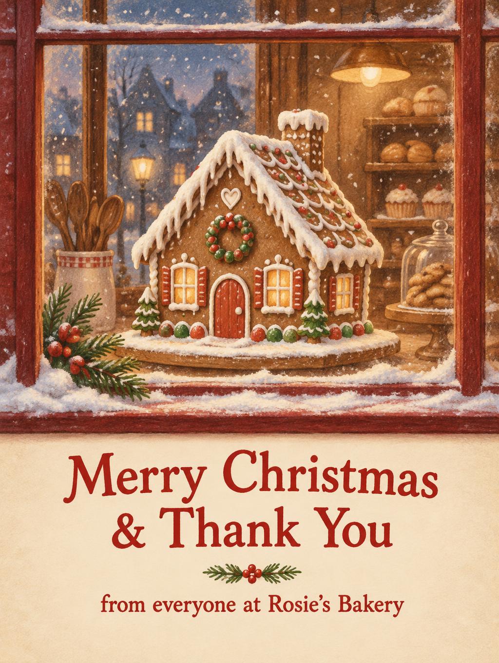 "Merry Christmas & Thank You
from everyone at Rosie's Bakery" — Bakery Window Gouache | AI Text Effect Generator