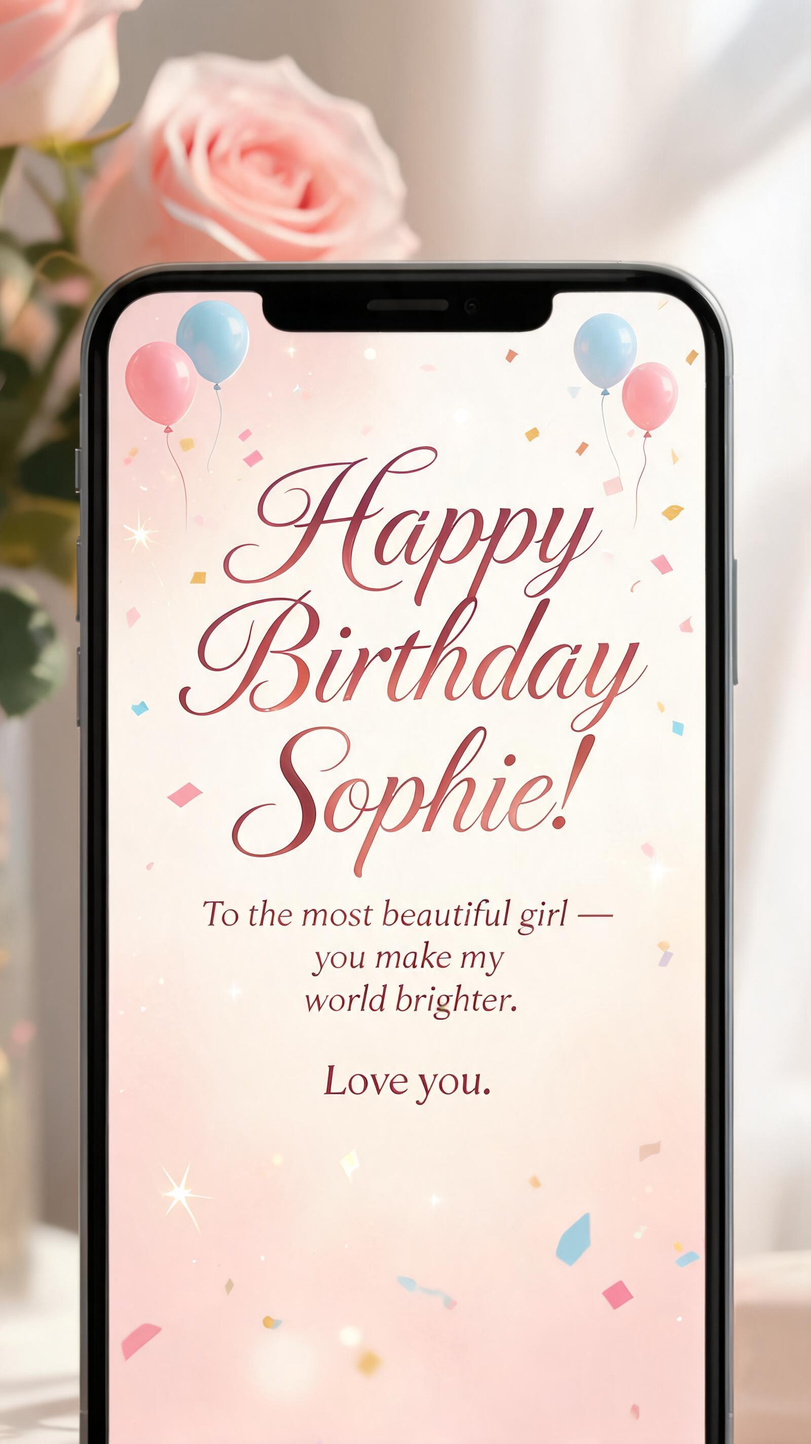 "Happy Birthday Sophie!
To the most beautiful girl — you make my world brighter. Love you." — Birthday | AI Text Effect Generator