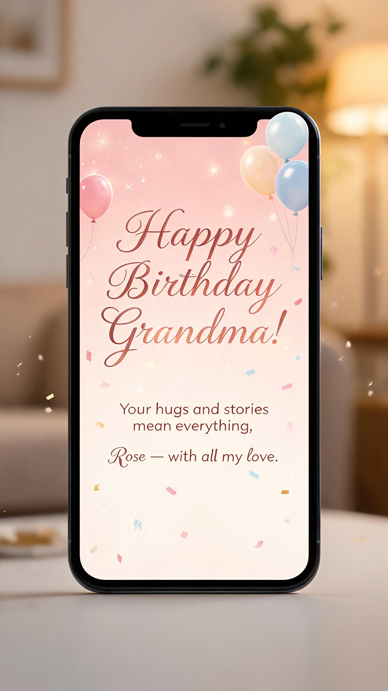 "Happy Birthday Grandma!
Your hugs and stories mean everything, Rose — with all my love." — Birthday | AI Text Effect Generator