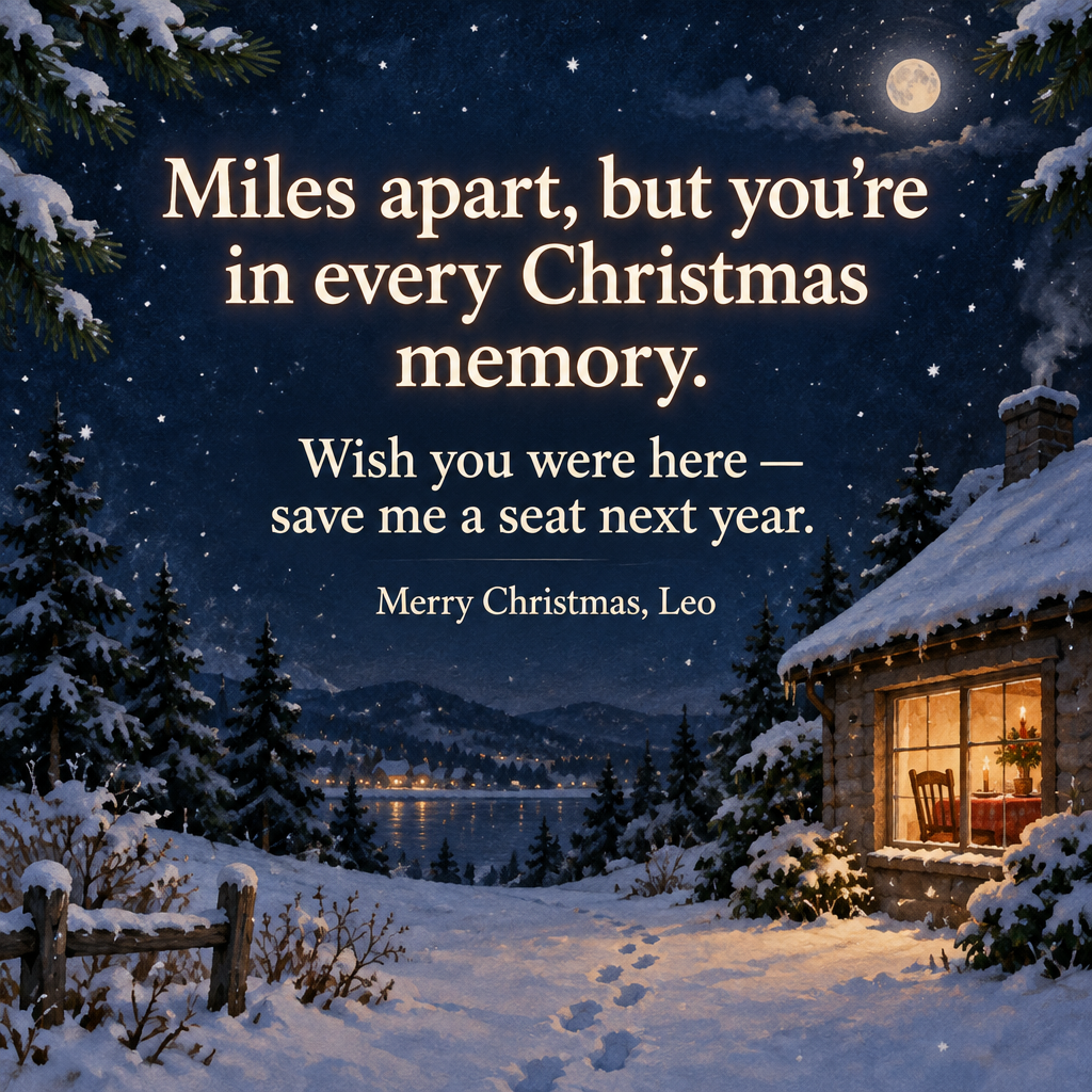"Miles apart, but you're in every Christmas memory.
Wish you were here — save me a seat next year.
Merry Christmas, Leo" — Wistful Winter Storybook | AI Text Effect Generator