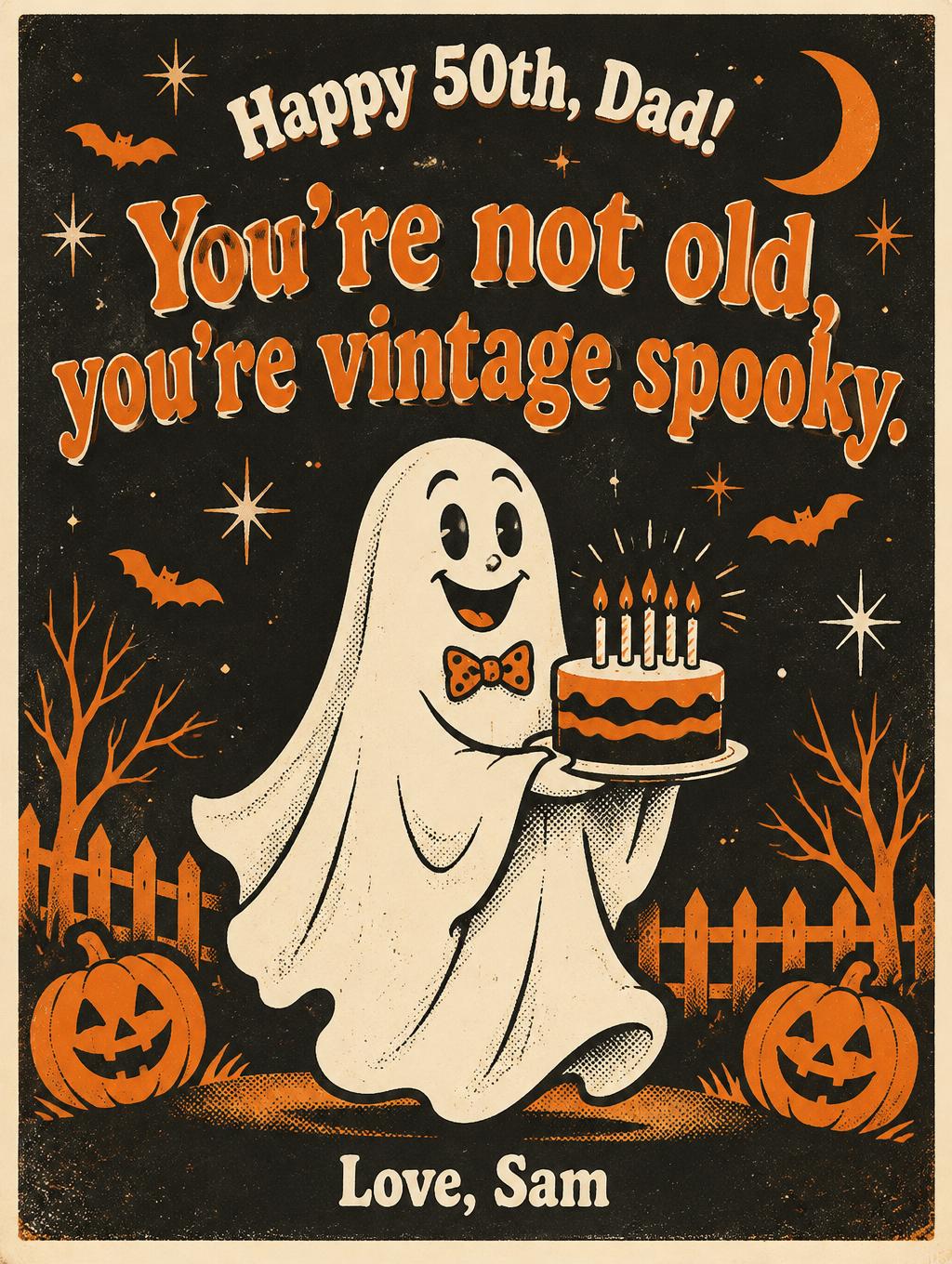 "Happy 50th, Dad!
You’re not old, you’re vintage spooky.
Love, Sam" — Halloween De Imprenta | AI Text Effect Generator