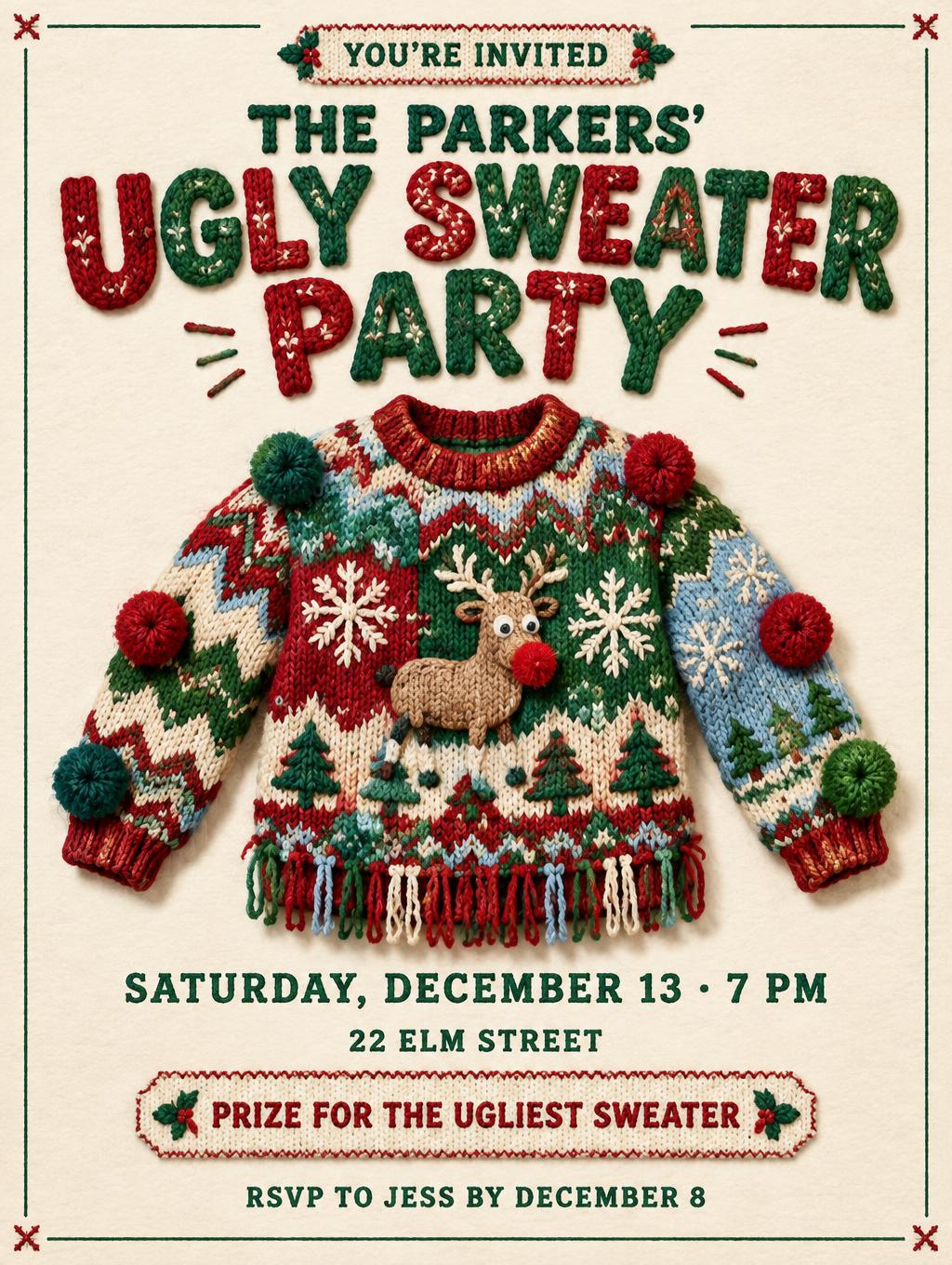 "YOU’RE INVITED
THE PARKERS’
UGLY SWEATER PARTY
SATURDAY, DECEMBER 13 · 7 PM
22 ELM STREET
PRIZE FOR THE UGLIEST SWEATER
RSVP TO JESS BY DECEMBER 8" — Tacky Knit Holiday | AI Text Effect Generator