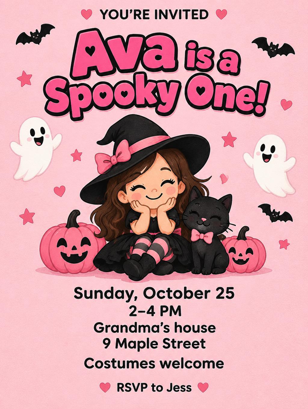"YOU’RE INVITED
Ava is a Spooky One!
Sunday, October 25
2–4 PM
Grandma’s house
9 Maple Street
Costumes welcome
RSVP to Jess" —  | AI Text Effect Generator