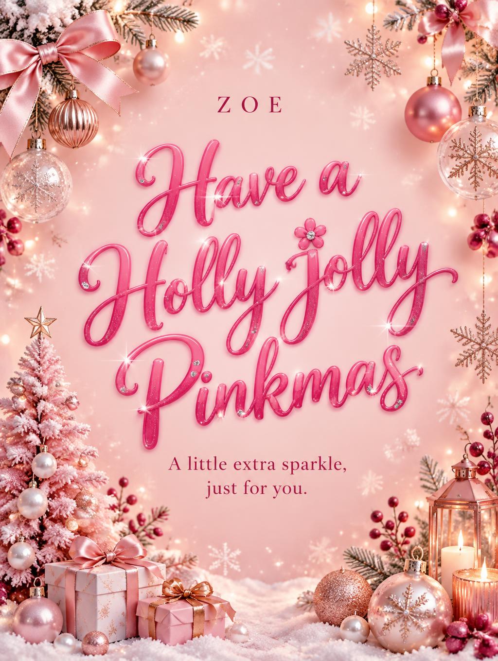 "Have a Holly Jolly Pinkmas
ZOE
A little extra sparkle, just for you." — Pink Christmas | AI Text Effect Generator