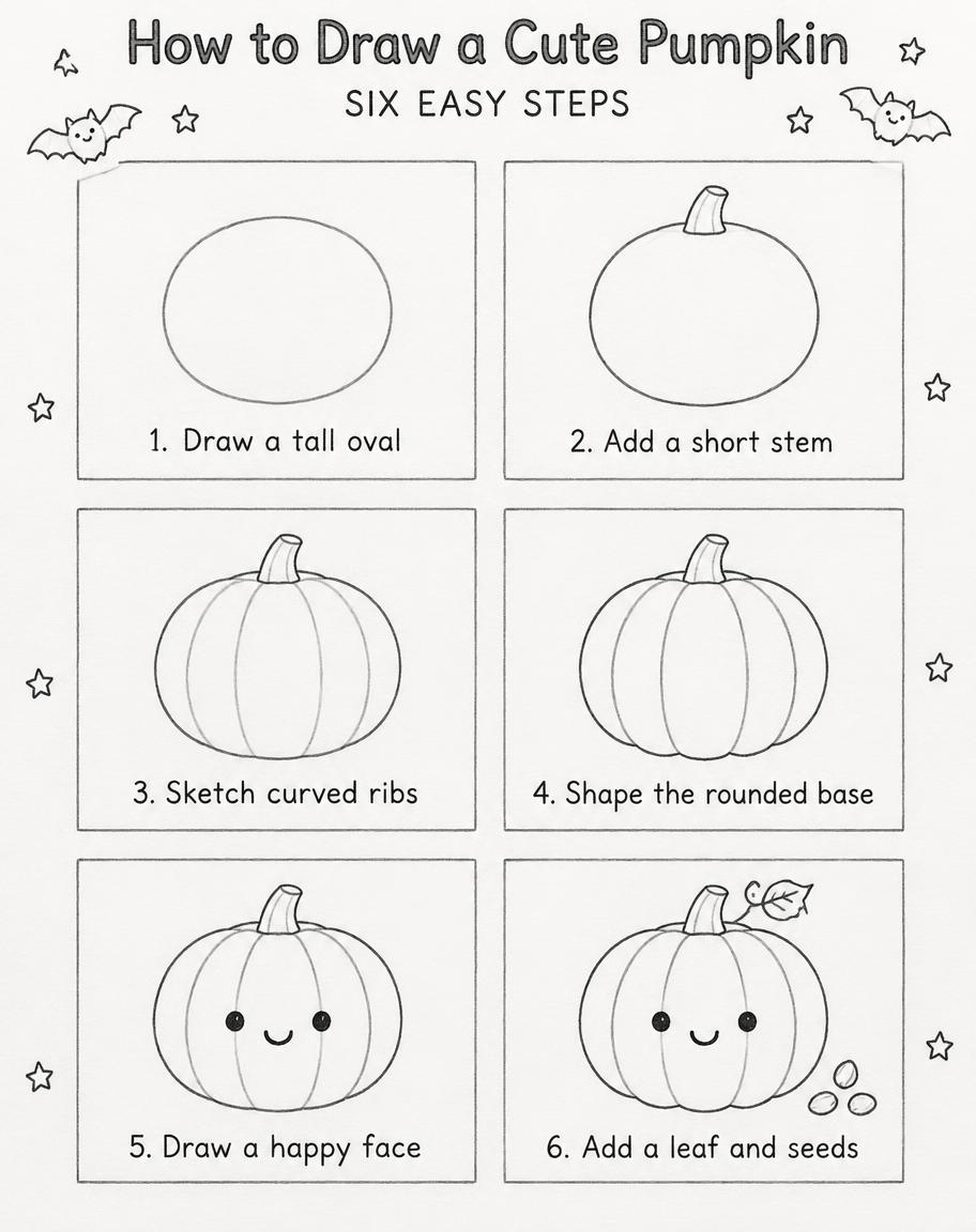 How to Draw a Cute Pumpkin
SIX EASY STEPS
1. Draw a tall oval
2. Add a short stem
3. Sketch curved ribs
4. Shape the rounded base
5. Draw a happy face
6. Add a leaf and seeds