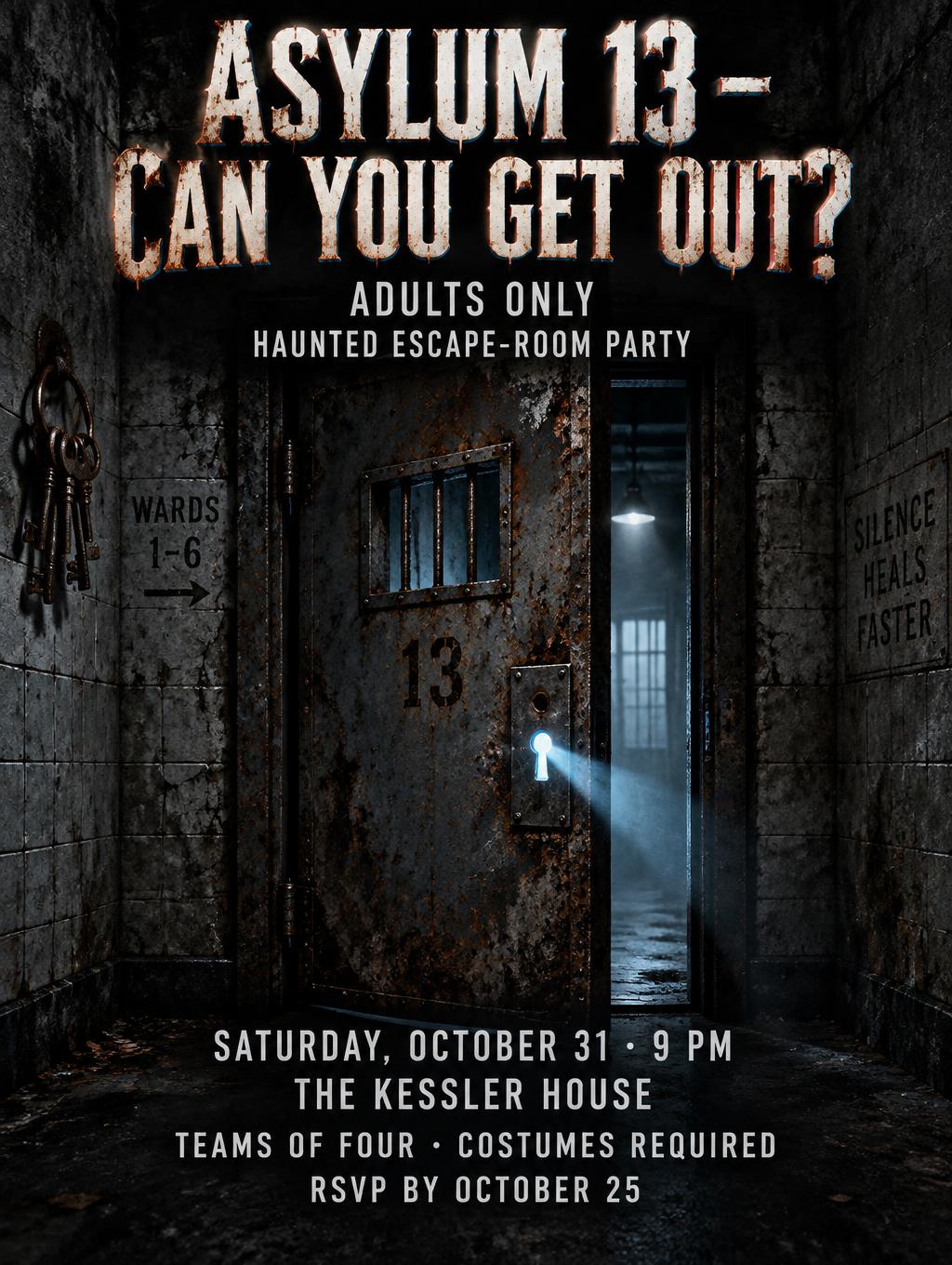 "Asylum 13 – Can You Get Out?
ADULTS ONLY
HAUNTED ESCAPE-ROOM PARTY
SATURDAY, OCTOBER 31 · 9 PM
THE KESSLER HOUSE
TEAMS OF FOUR · COSTUMES REQUIRED
RSVP BY OCTOBER 25" —  | AI Text Effect Generator