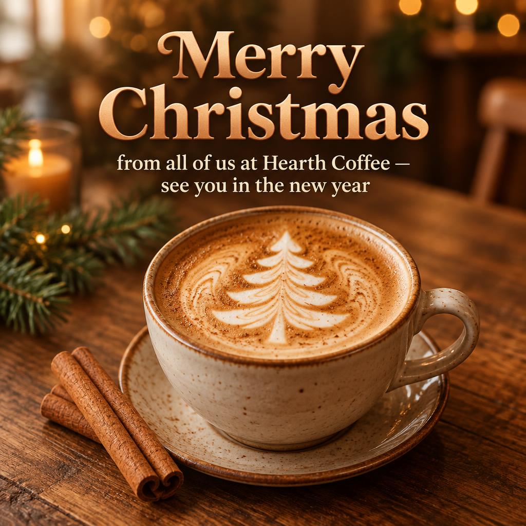 "Merry Christmas
from all of us at Hearth Coffee — see you in the new year" — Toasted Café Christmas | AI Text Effect Generator