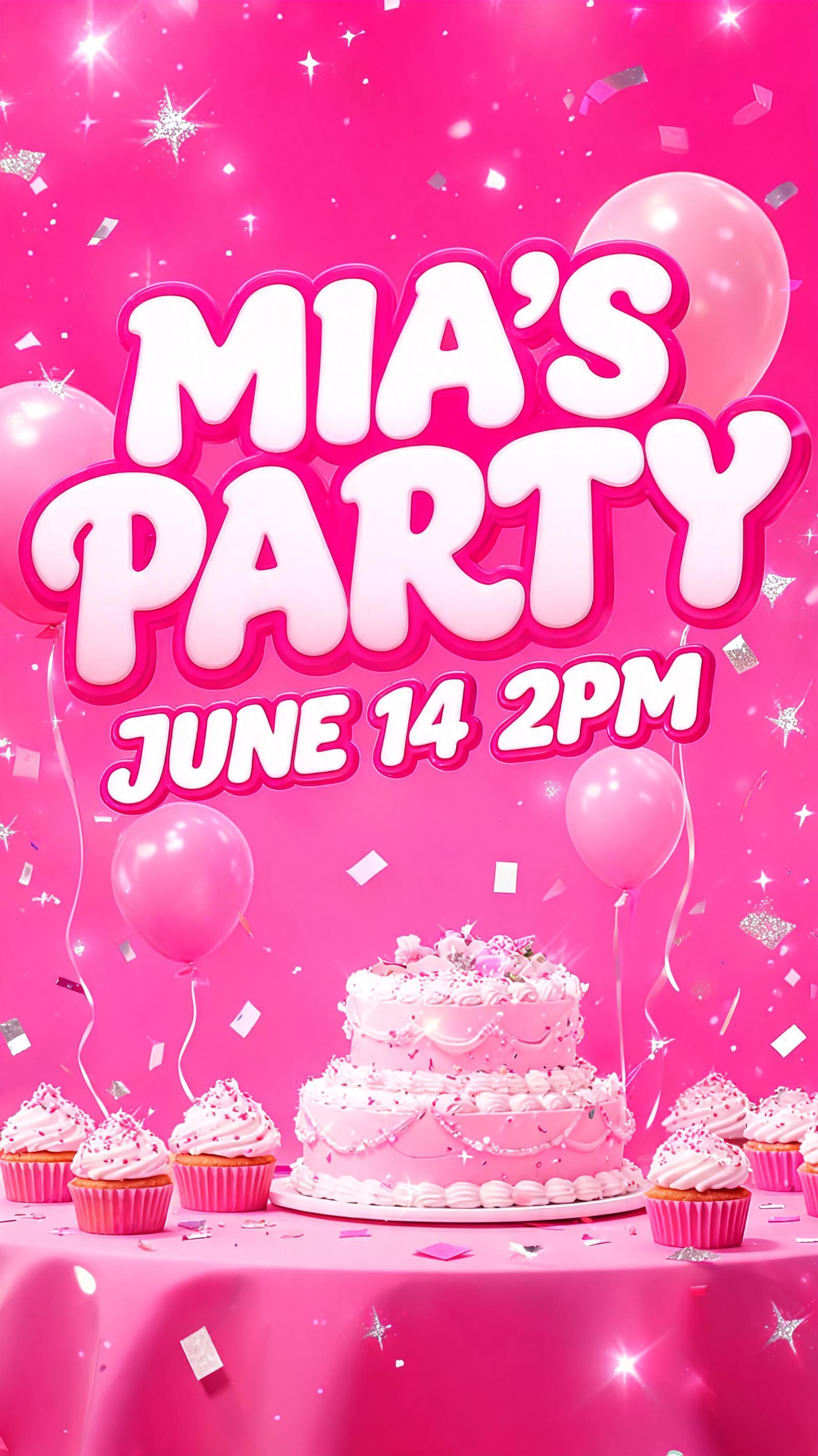 "MIA'S PARTY
JUNE 14 2PM" — Barbie text effect