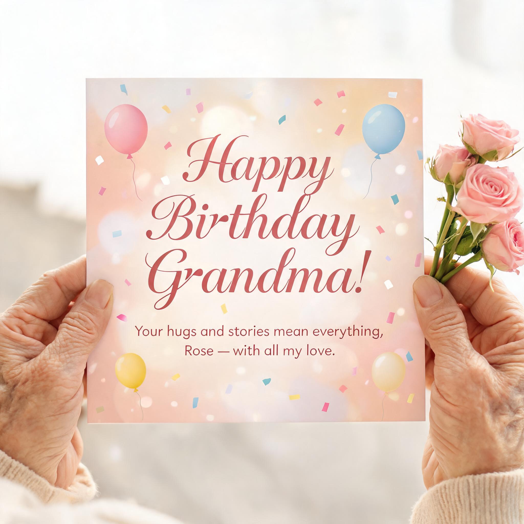 "Happy Birthday Grandma!
Your hugs and stories mean everything, Rose — with all my love." — Birthday | AI Text Effect Generator