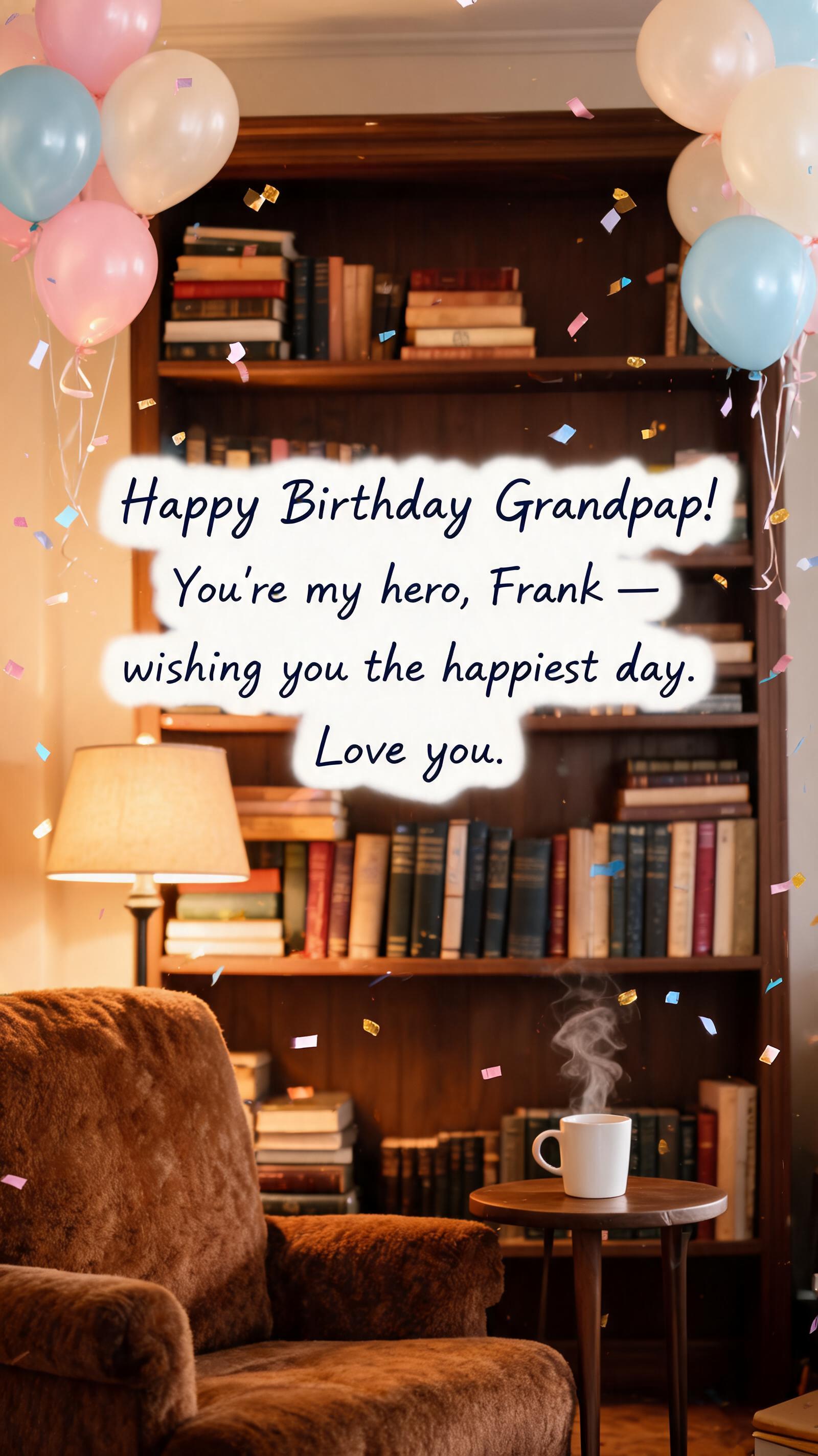 "Happy Birthday Grandpa!
You're my hero, Frank — wishing you the happiest day. Love you." — Birthday | AI Text Effect Generator