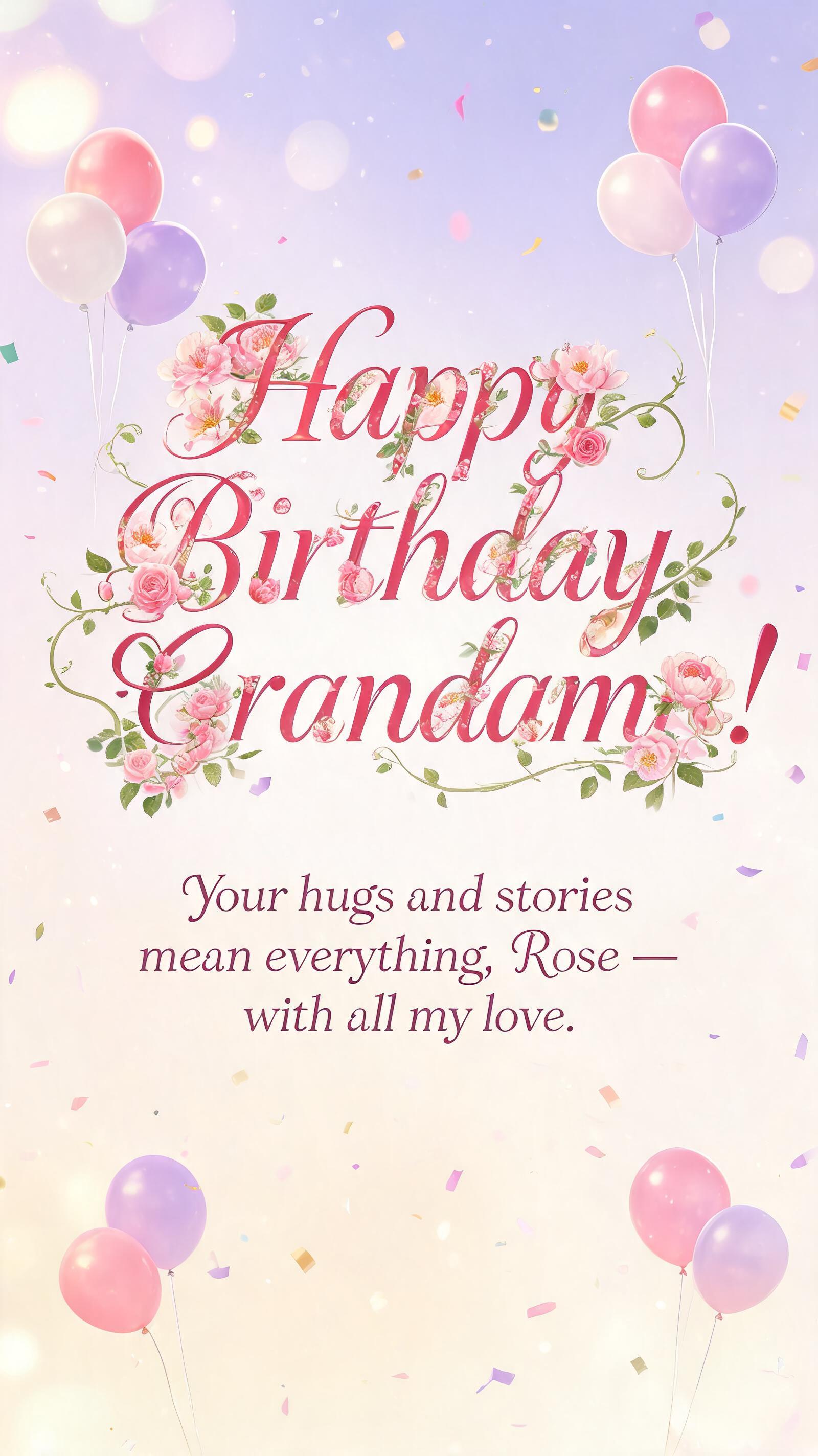"Happy Birthday Grandma!
Your hugs and stories mean everything, Rose — with all my love." — Birthday | AI Text Effect Generator