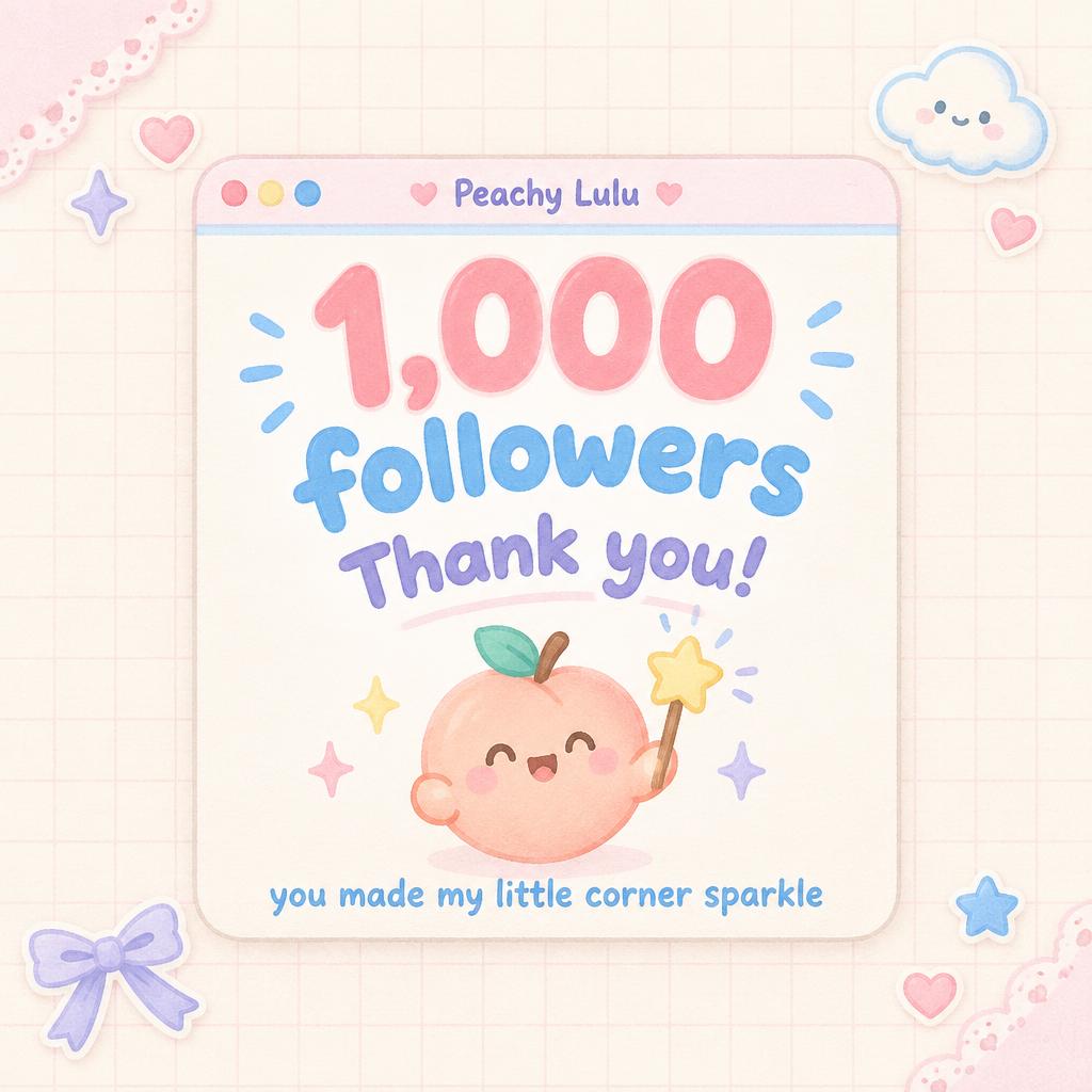 "1,000 followers
Thank you!
you made my little corner sparkle
Peachy Lulu" — Kawaii text effect