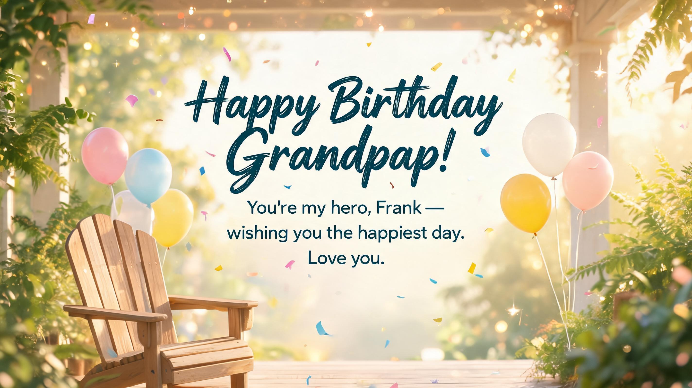 "Happy Birthday Grandpa!
You're my hero, Frank — wishing you the happiest day. Love you." — Birthday | AI Text Effect Generator