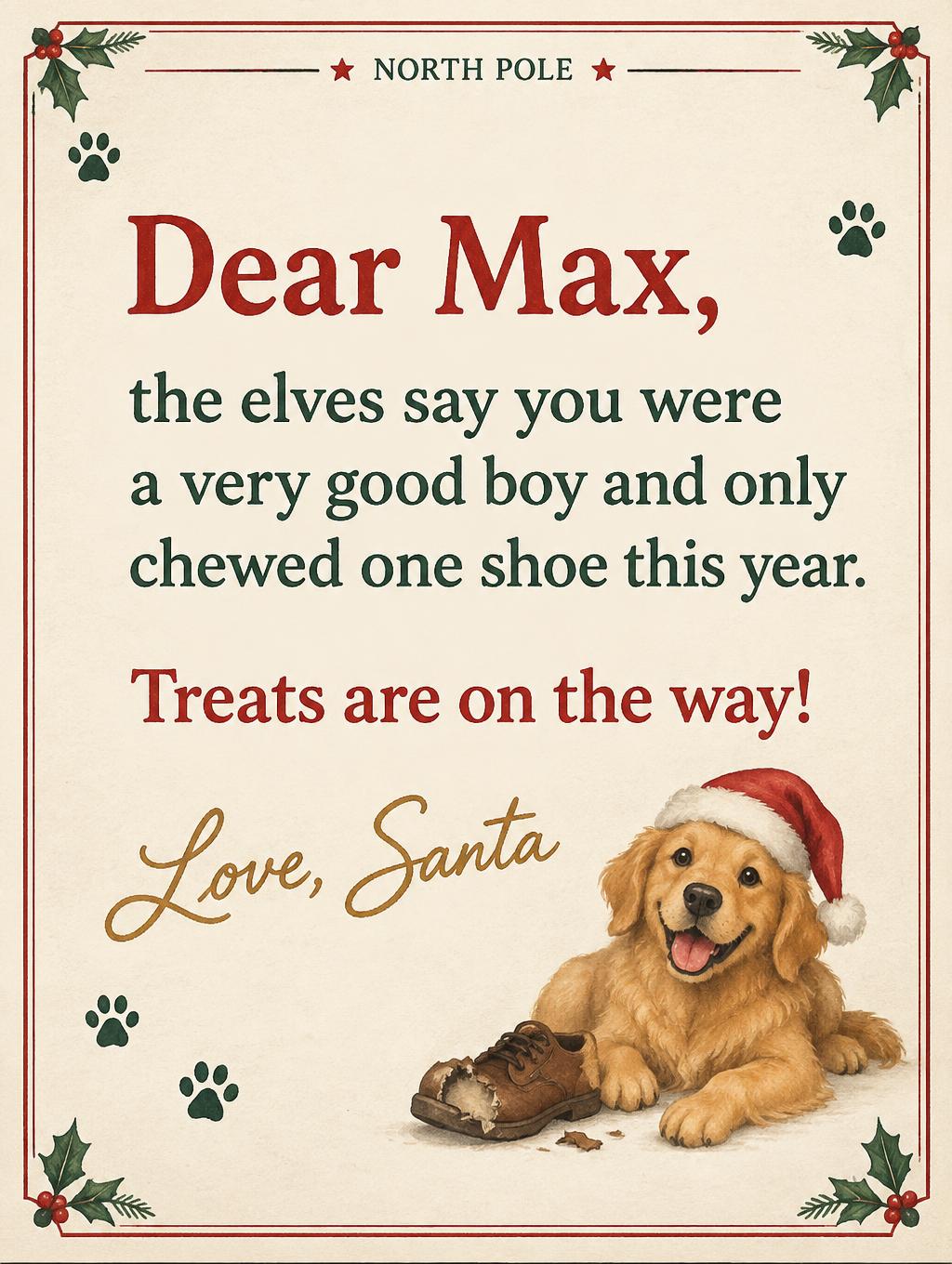 "Dear Max,
the elves say you were a very good boy and only chewed one shoe this year.
Treats are on the way!
Love, Santa.
NORTH POLE" — Storybook Post | AI Text Effect Generator