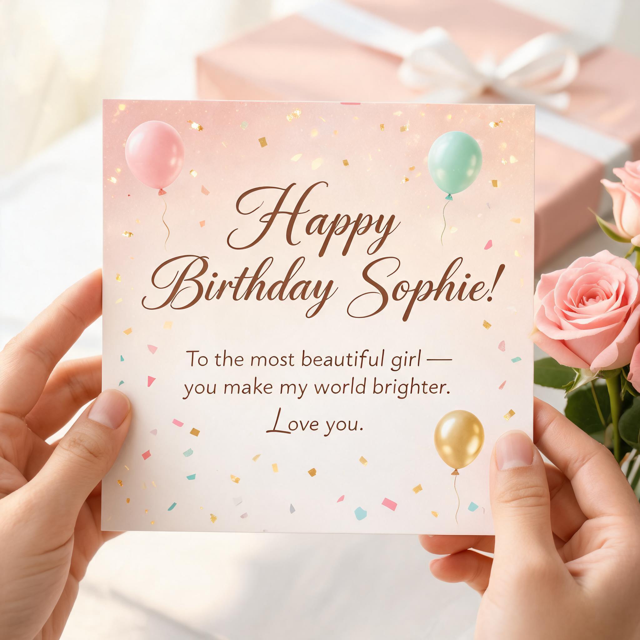 "Happy Birthday Sophie!
To the most beautiful girl — you make my world brighter. Love you." — Birthday | AI Text Effect Generator