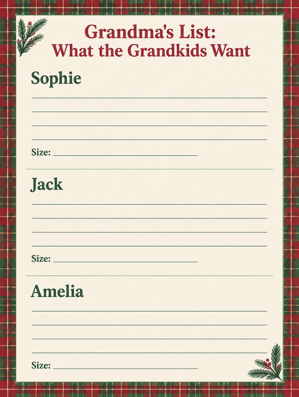 "Grandma's List: What the Grandkids Want
Sophie
Size:
Jack
Size:
Amelia
Size:" — Evergreen Hearth Plaid | AI Text Effect Generator