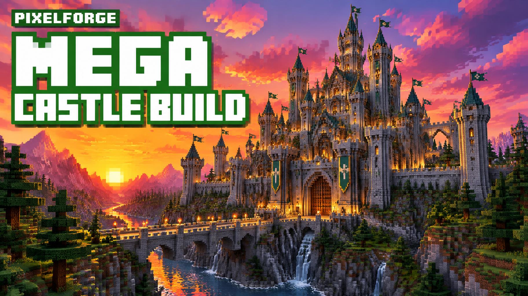 "MEGA CASTLE BUILD
PIXELFORGE" — Voxel Sunset text effect