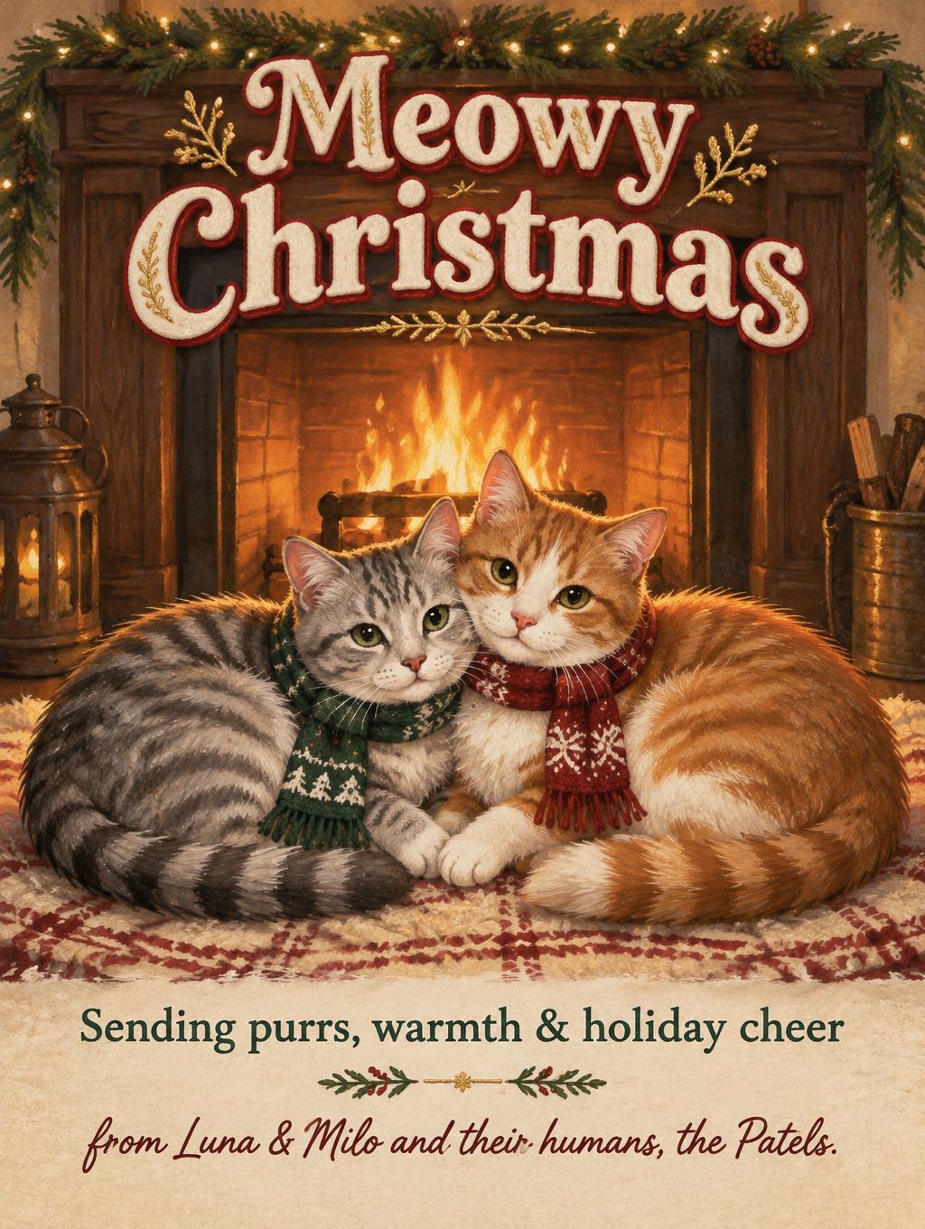 "Meowy Christmas
Sending purrs, warmth & holiday cheer
from Luna & Milo and their humans, the Patels." — Hearthside Storybook | AI Text Effect Generator