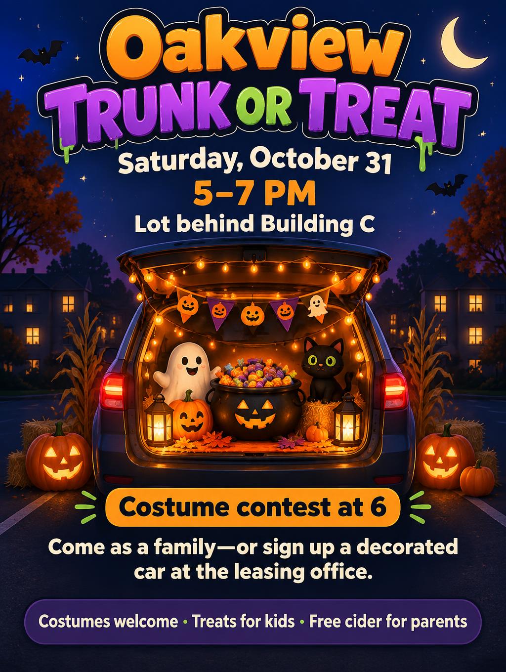 "Oakview Trunk or Treat
Saturday, October 31
5–7 PM
Lot behind Building C
Costume contest at 6
Come as a family—or sign up a decorated car at the leasing office.
Costumes welcome · Treats for kids · Free cider for parents" — Halloween | AI Text Effect Generator