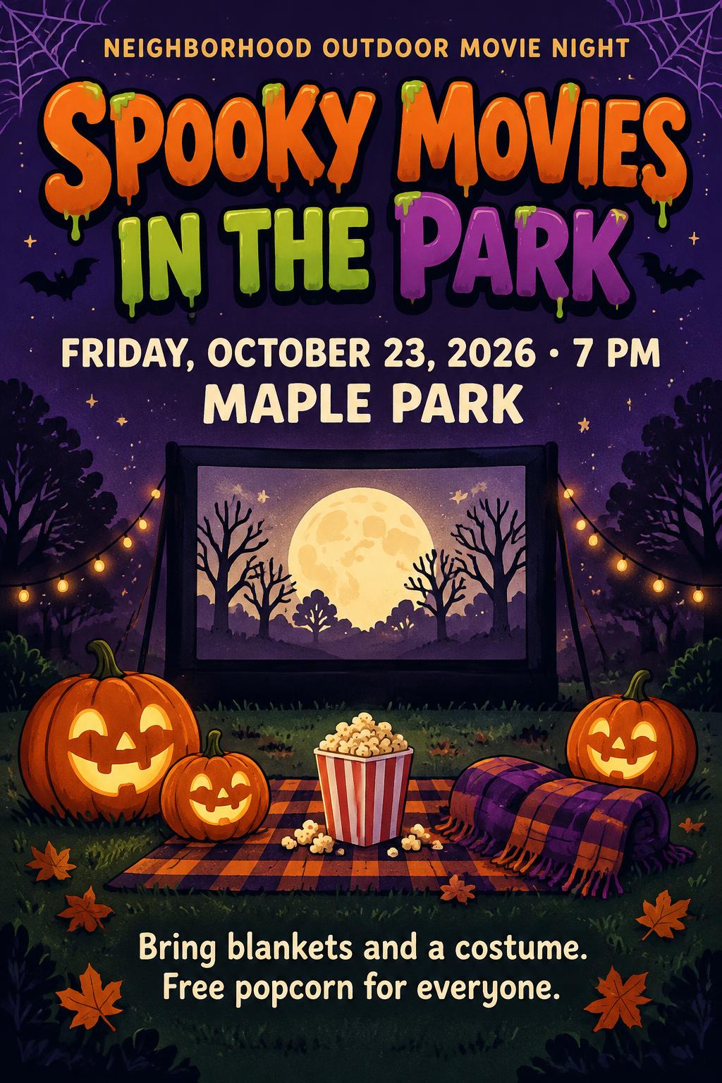 "Spooky Movies in the Park
FRIDAY, OCTOBER 23, 2026 · 7 PM
MAPLE PARK
Bring blankets and a costume.
Free popcorn for everyone.
NEIGHBORHOOD OUTDOOR MOVIE NIGHT" — Halloween | AI Text Effect Generator