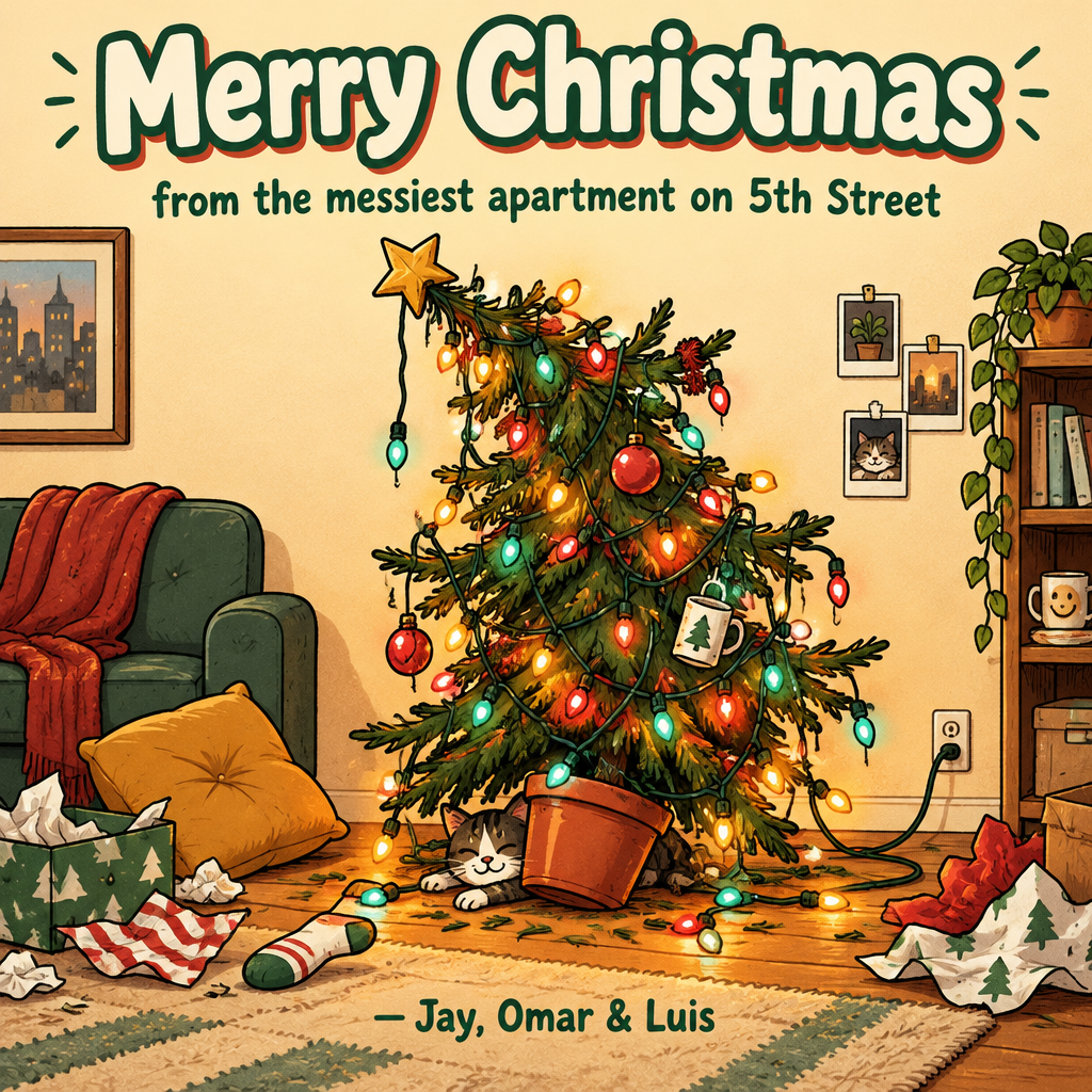 "Merry Christmas
from the messiest apartment on 5th Street
— Jay, Omar & Luis" — Cozy Cartoon Holiday | AI Text Effect Generator