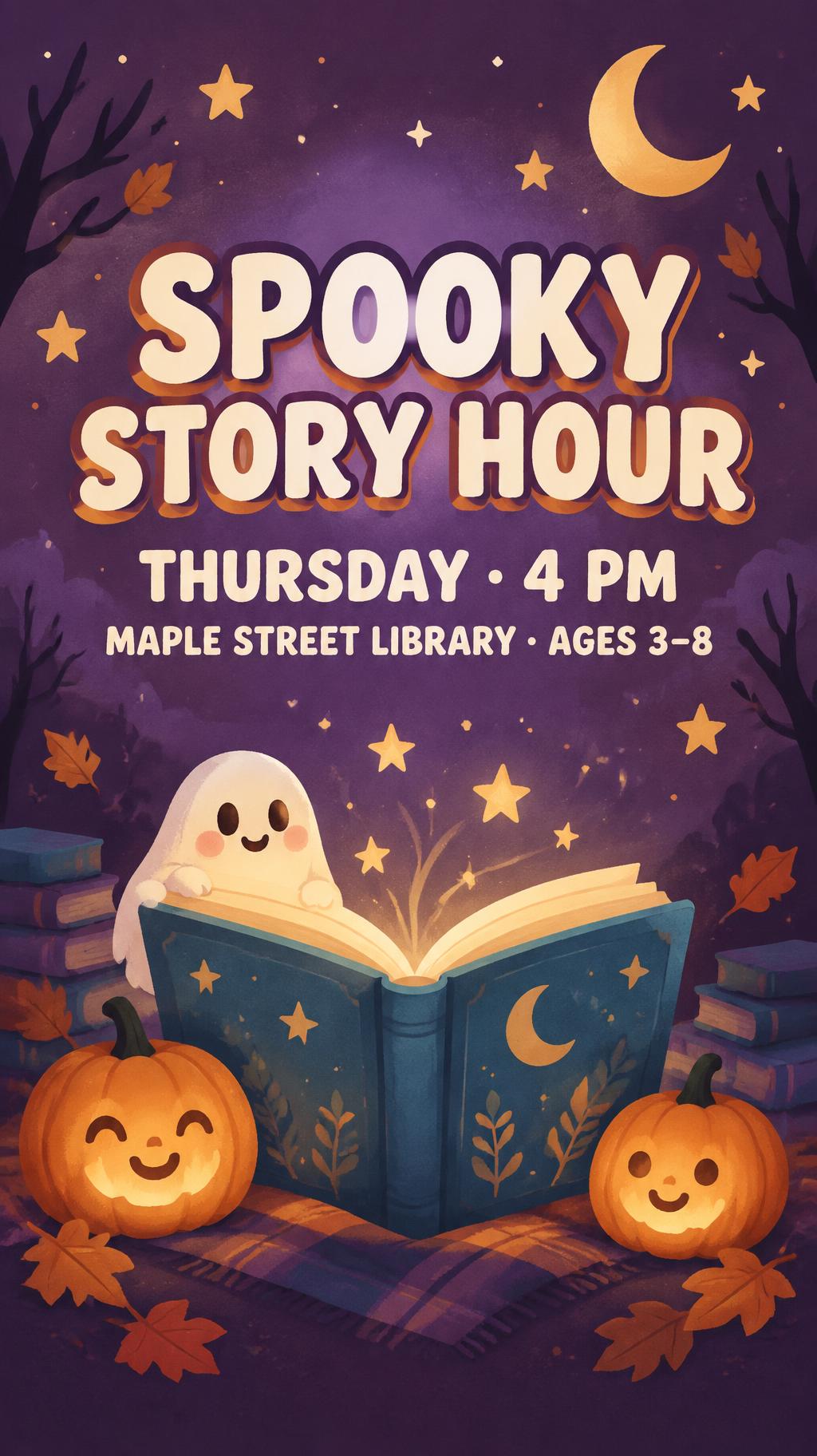 "SPOOKY STORY HOUR
THURSDAY · 4 PM
MAPLE STREET LIBRARY · AGES 3–8" — Cozy Storybook Halloween | AI Text Effect Generator