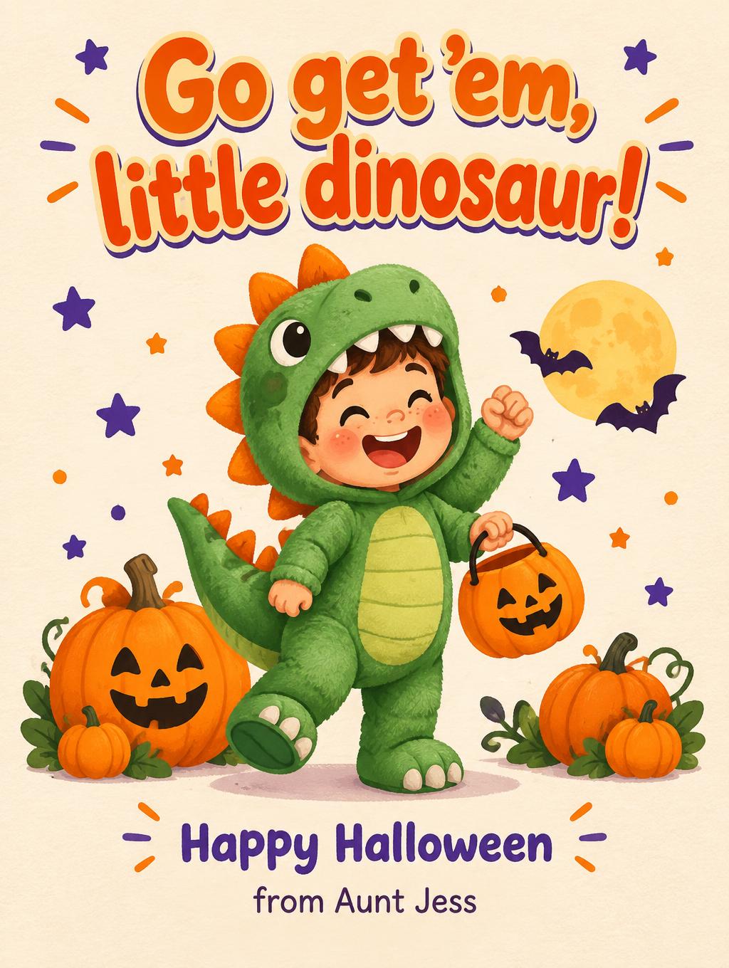 "Go get ’em, little dinosaur!
Happy Halloween
from Aunt Jess" — Confettis D’Halloween | AI Text Effect Generator