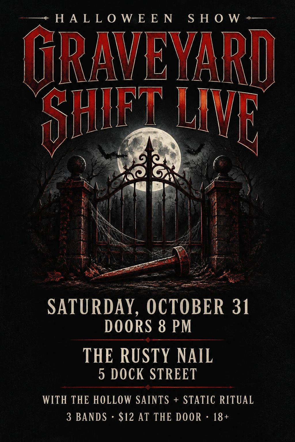 "Graveyard Shift Live
HALLOWEEN SHOW
Saturday, October 31
Doors 8 PM
The Rusty Nail
5 Dock Street
With The Hollow Saints + Static Ritual
3 bands · $12 at the door · 18+" — Gothic Dark | AI Text Effect Generator