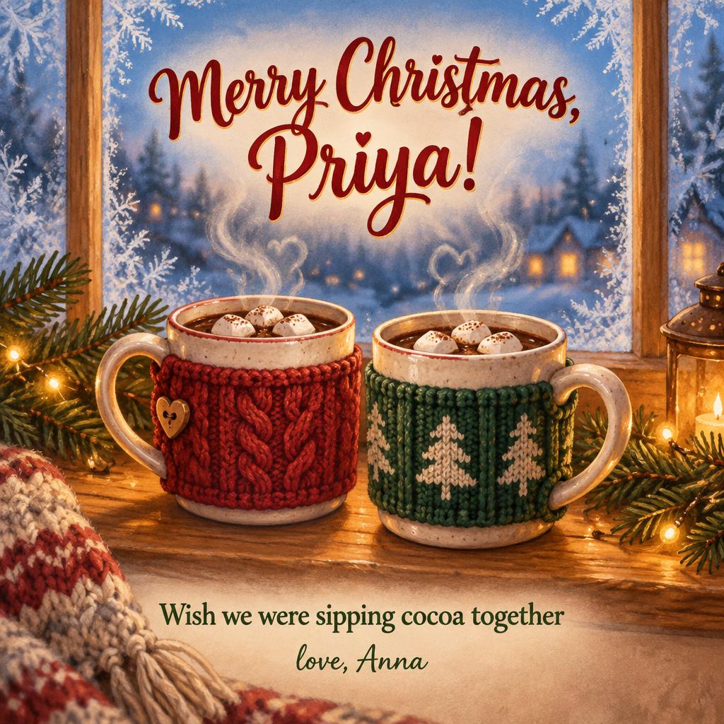 "Merry Christmas, Priya!
Wish we were sipping cocoa together
love, Anna" — Frosted Cocoa Glow | AI Text Effect Generator