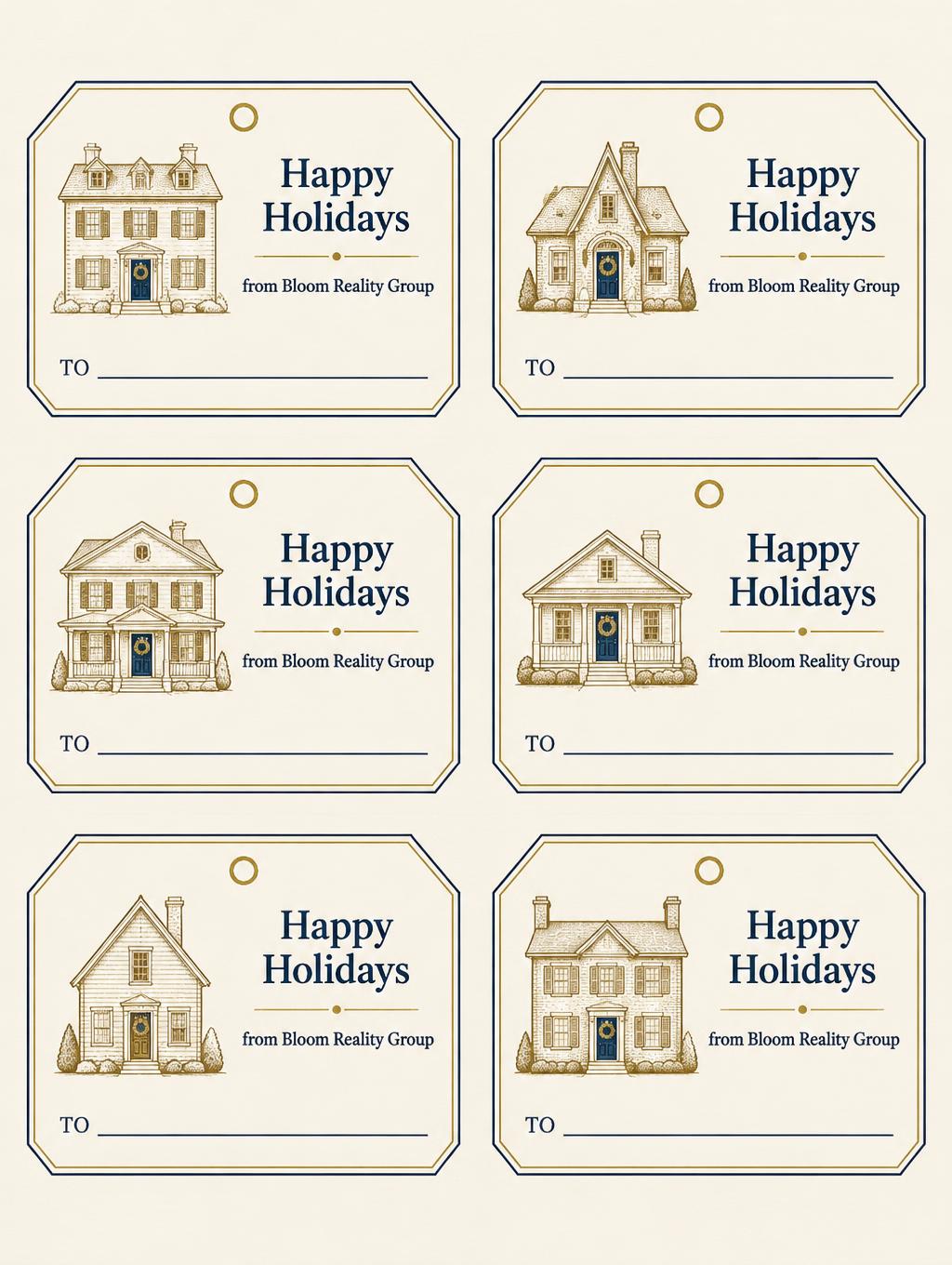 "Happy Holidays
from Bloom Realty Group
TO" — Quiet Gilded Christmas | AI Text Effect Generator