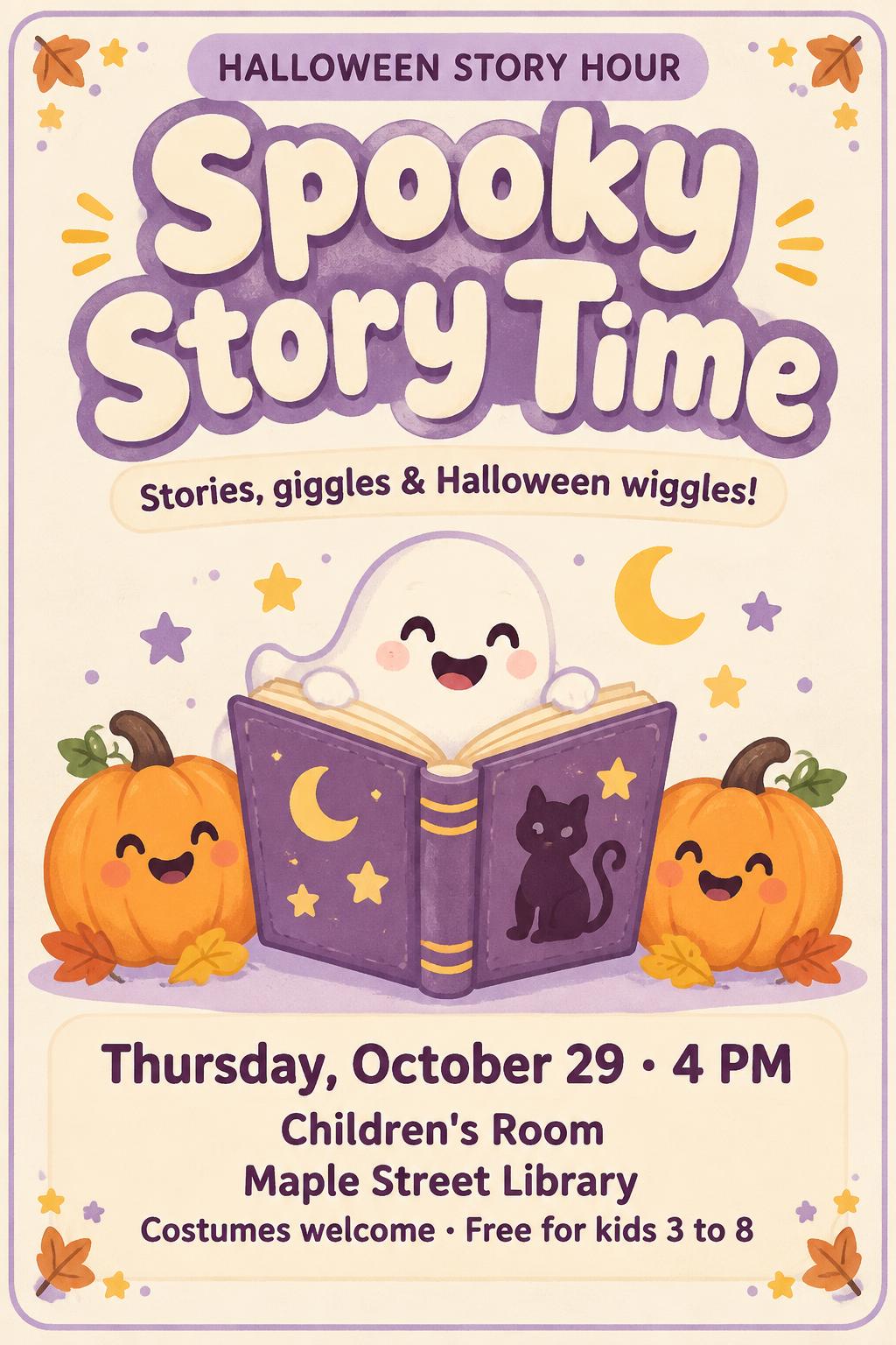 "Spooky Story Time
HALLOWEEN STORY HOUR
Stories, giggles & Halloween wiggles!
Thursday, October 29 · 4 PM
Children's Room
Maple Street Library
Costumes welcome · Free for kids 3 to 8" — Halloween En Papier DéCoupé | AI Text Effect Generator
