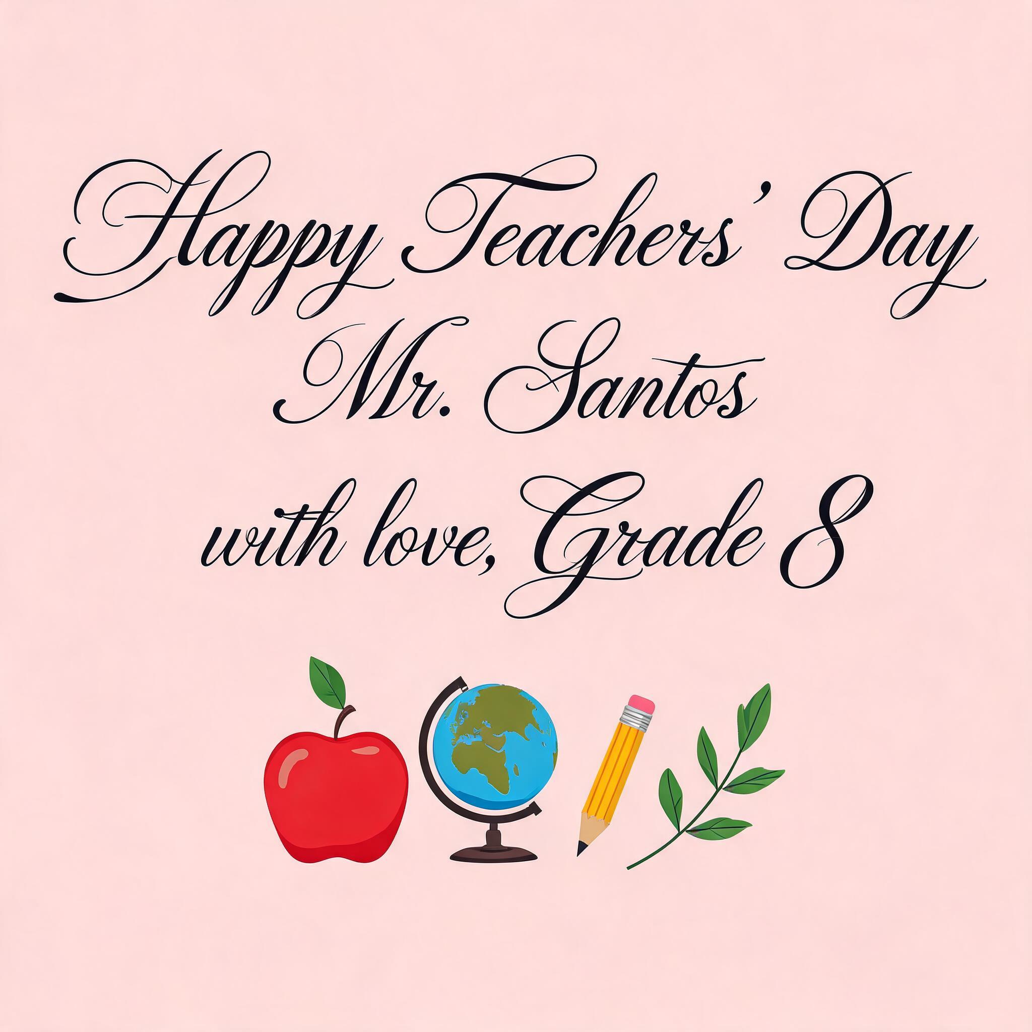 "Happy Teachers' Day
Mr. Santos
with love, Grade 8" — Teachers Day | AI Text Effect Generator